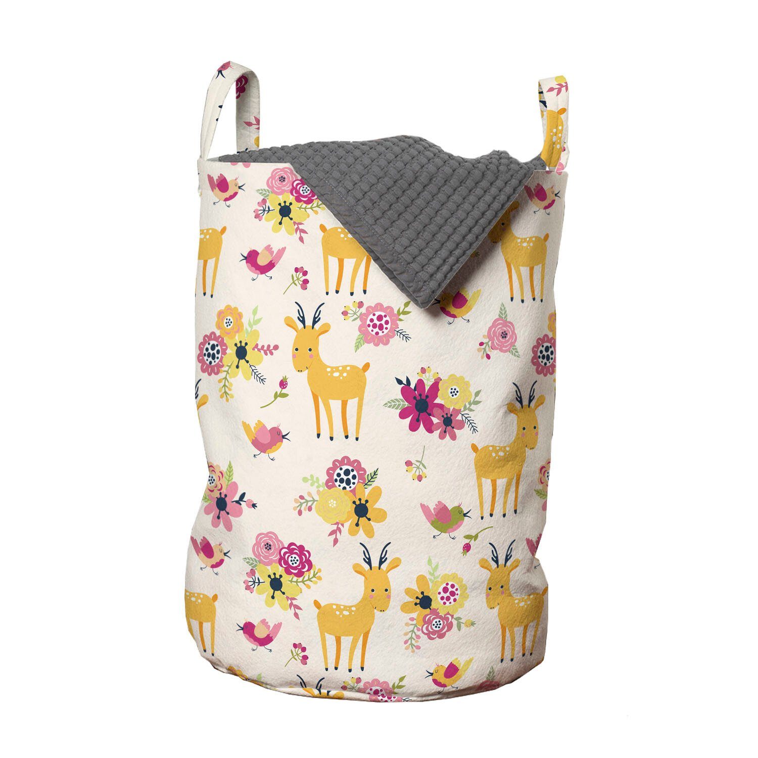 Abakuhaus Wäschesäckchen Wäschekorb mit Griffen Kordelzugverschluss für Waschsalons, Blumen Deer und blühende Blumen