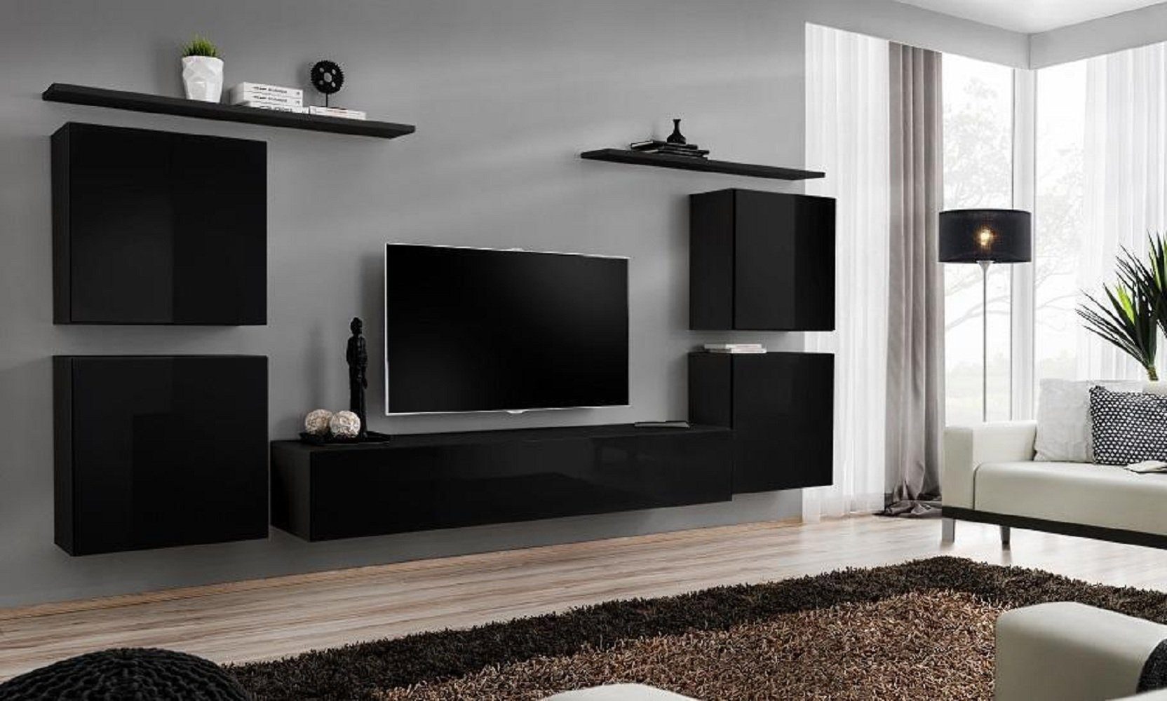 JVmoebel Wohnzimmer-Set Wohnzimmer Wandregal Einrichtung Wohnwand Luxus Komplett Set, (8-St., 1x Wohnwand + 1x TV Ständer + 4x Wandschrank + 2x Wandregal), Made in Europa