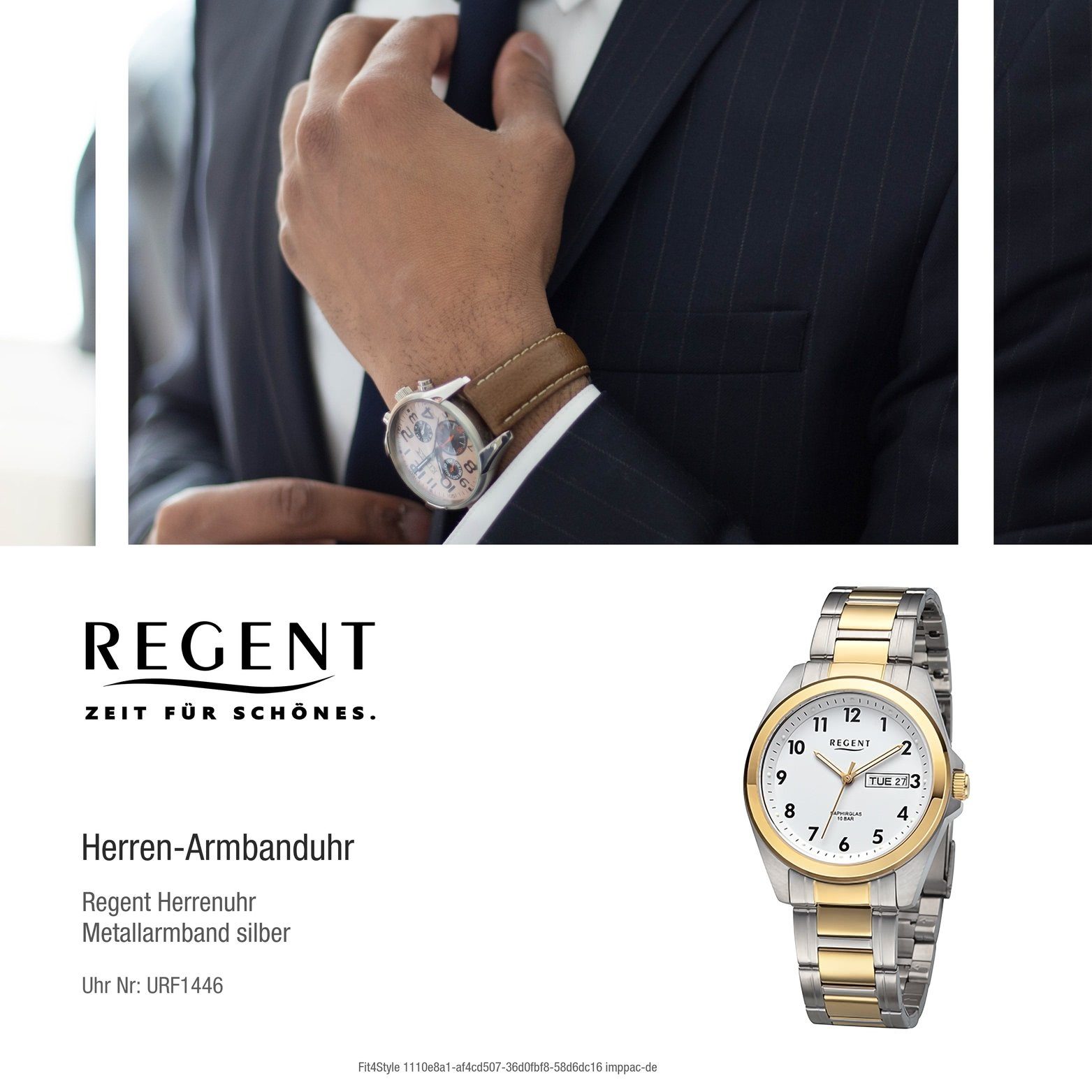 silber, Regent 38mm) (ca. Regent Quarzuhr gold, Gehäuse, rundes Herrenuhr Herren Armbanduhr groß Metallarmband Analog,