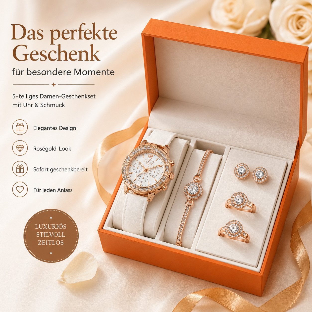Luckice Quarzuhr Geschenk Damen Armbanduhr Armband Halskette Ring Ohrring Schmuck Set, (Elegant Analog Quarz Uhr mit Digital Zifferblatt .Frauen Mädchen Strass Quarzuhr für Weihnachten Bracelet Jewelry Set.Damengeschenke, Weihnachten, Valentinstag, Hochzeitstag, Muttertag,Lehrertag, 5-tlg., Geburtstage usw Es kann als Schmuckdisplay,Brautschmuckzubehör), Kunstfotos usw.verwendet werden.Hochwertige Geschenkbox