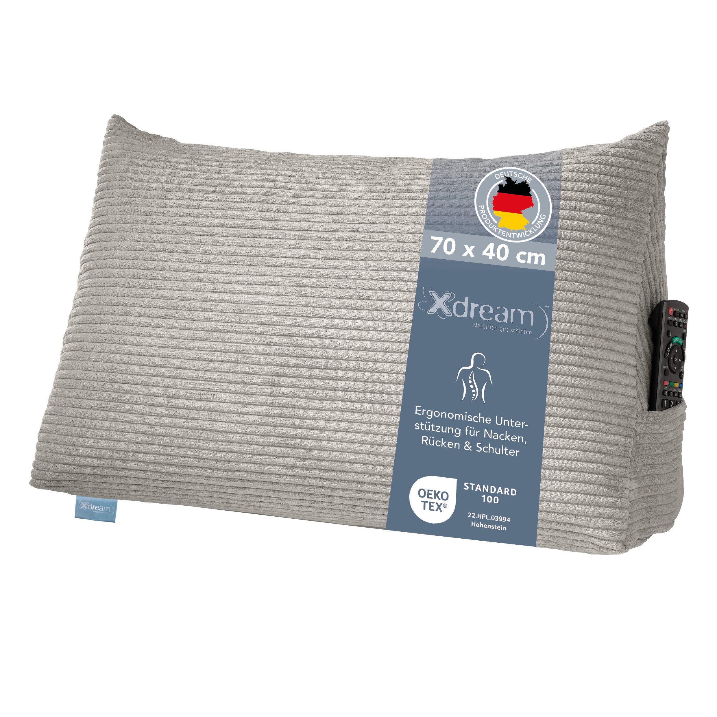 XDREAM Rückenkissen ergonomisches Keilkissen für Bett und Sofa, 1-tlg., als Kopfkissen oder Venenkissen verwendbar, mit praktischem Seitenfach