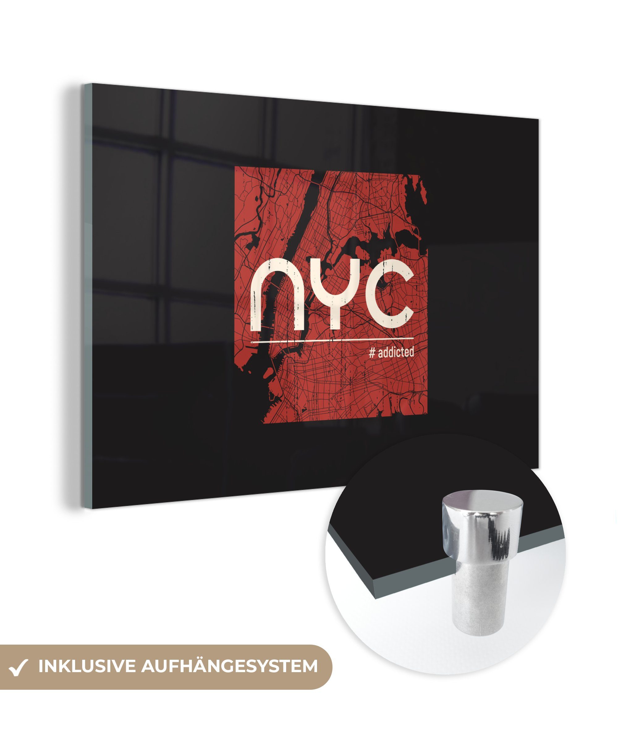 MuchoWow Acrylglasbild New York - Rot - Weiß, (1 St), Acrylglasbilder Wohnzimmer & Schlafzimmer
