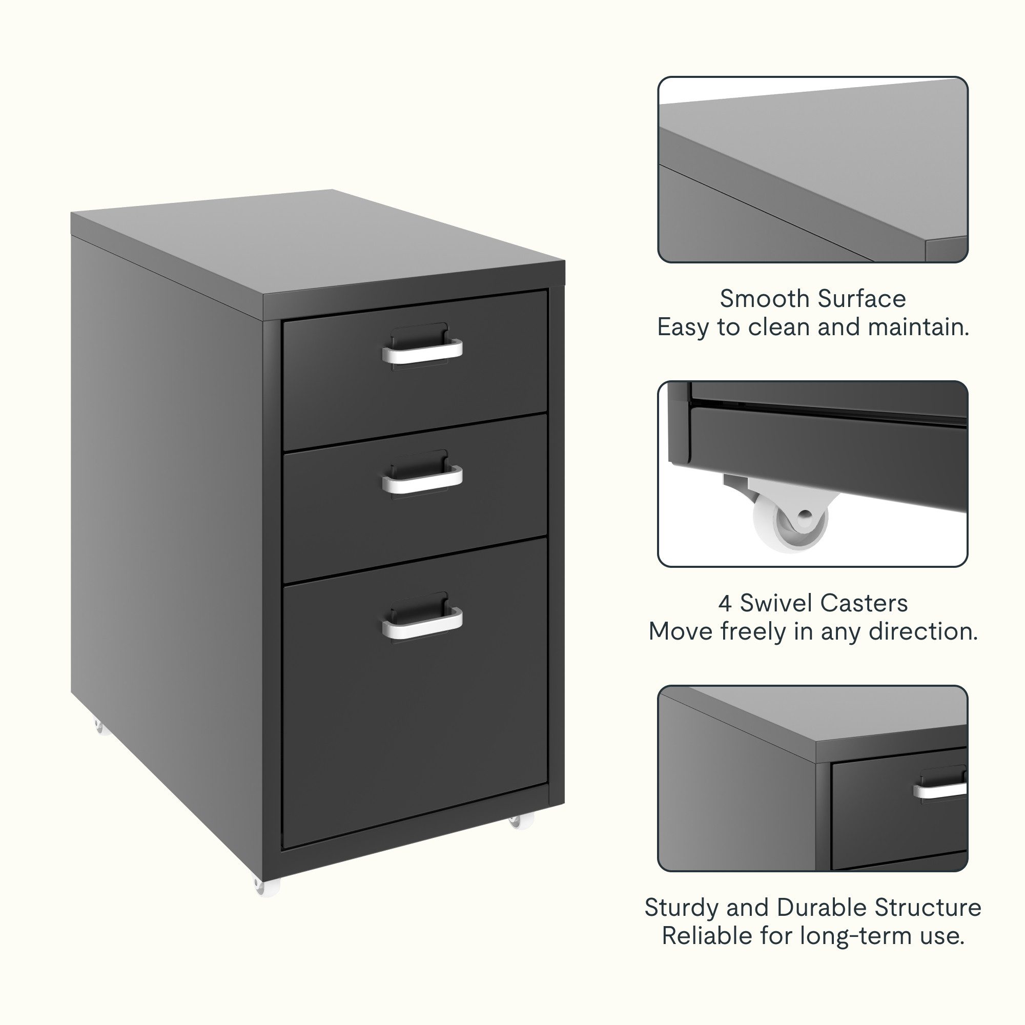 FLEXISPOT Container Rollcontainer für Ihr Büro&Home-Office, 28x48x41 cm (mobiler Aktenschrank mit 3 Schubladen, mit Rollen, Büroschrank) – Bild 3 von 5