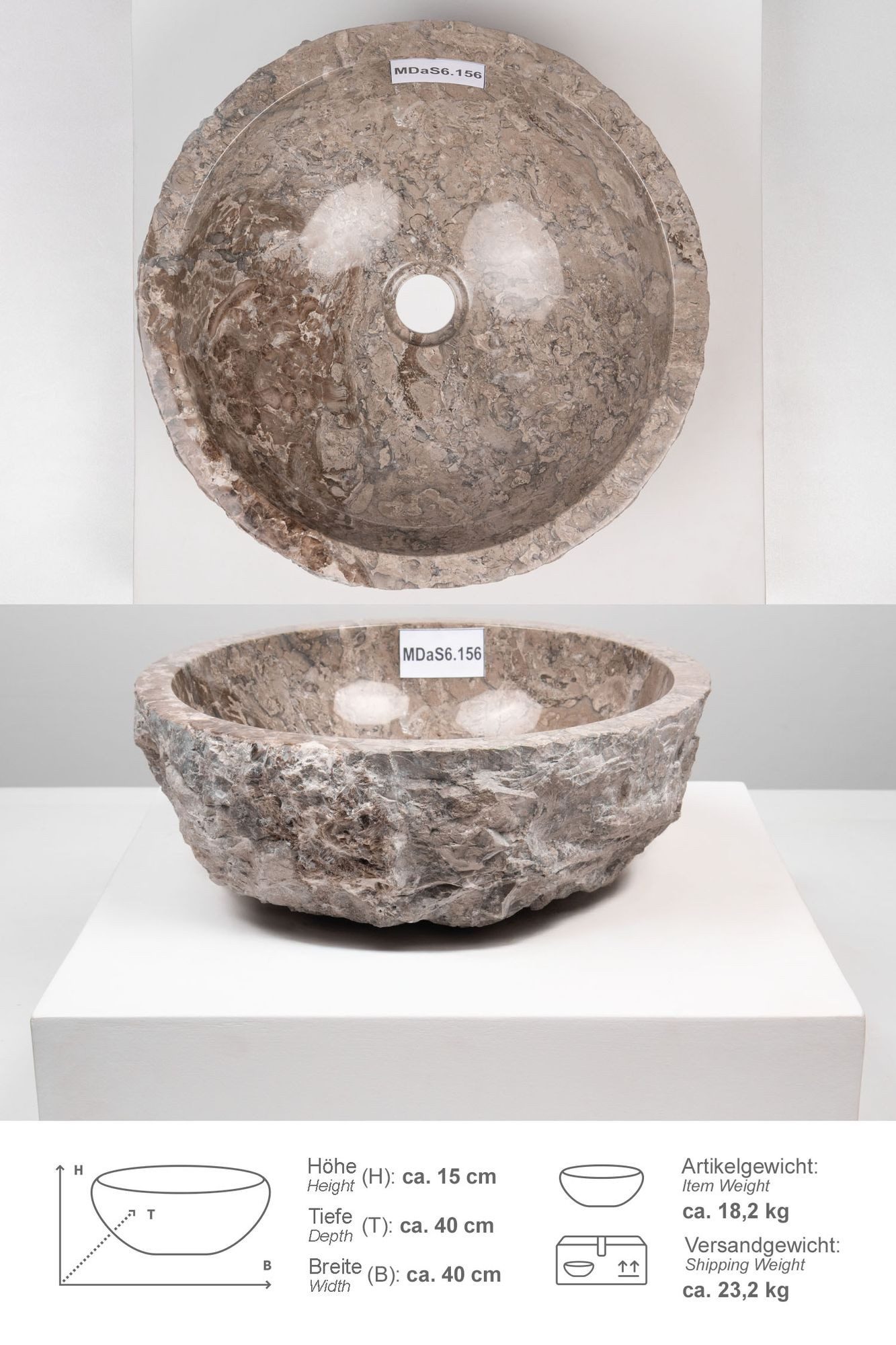 wohnfreuden Aufsatzwaschbecken Erosi Marmor Waschbecken 40 cm grau (Kein Set), 125883_MDaS6.156