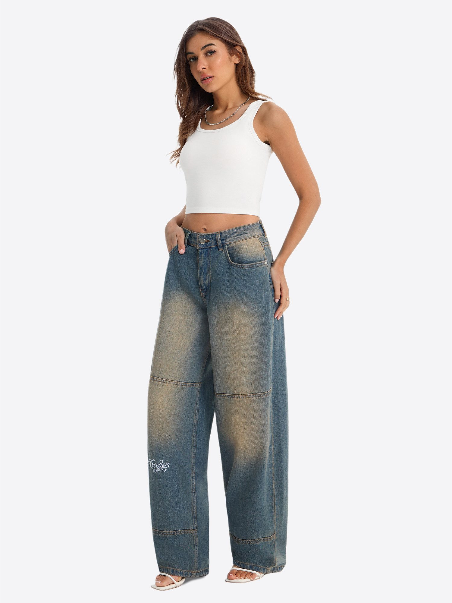 Imily Bela Boyfriend-Jeans Damen Wide Leg Jeans aus Baumwolle Denim Baggy mit Stickerei (Packung, 1-tlg., 1per-Pack) 4-Pocket Style High Waist in Unifarbe