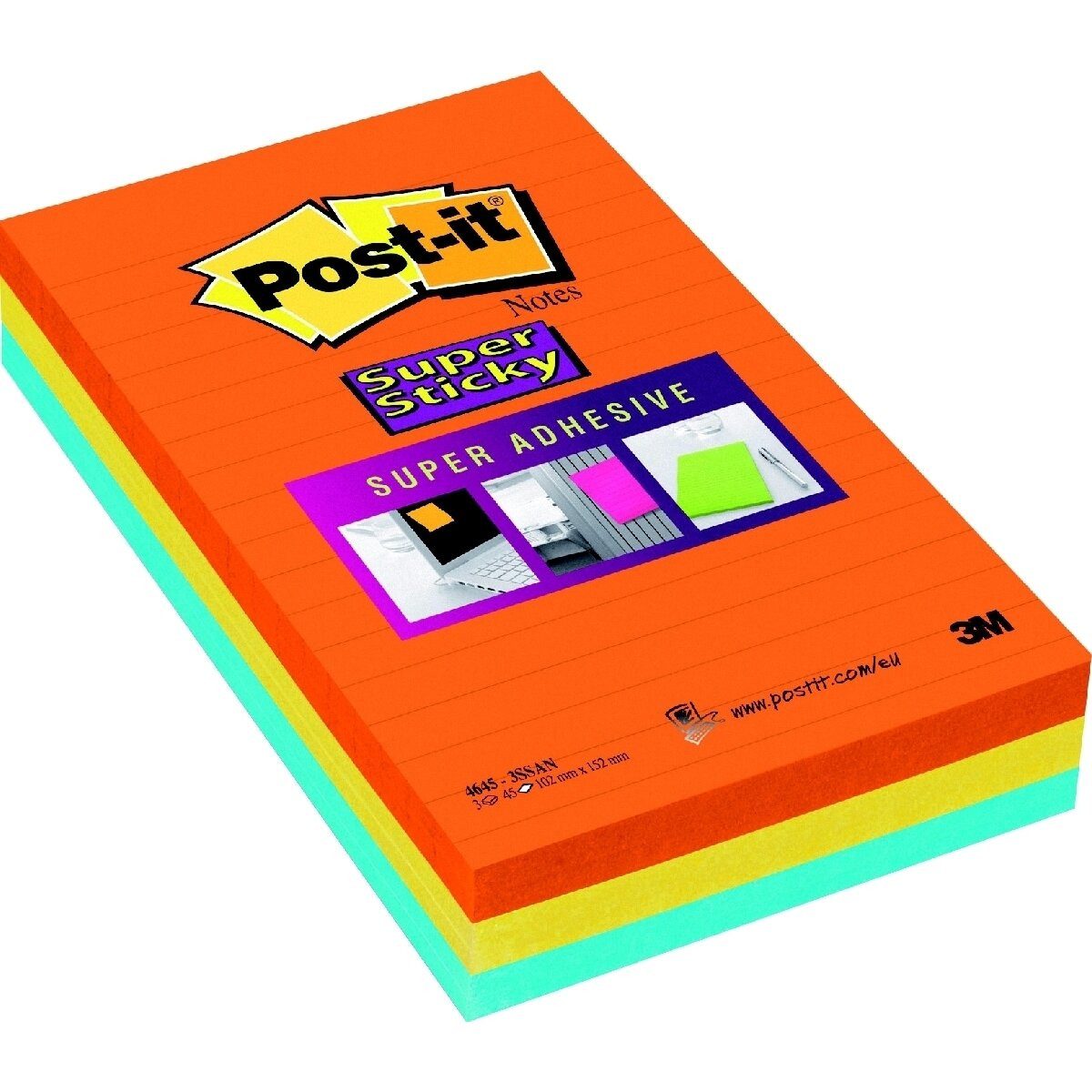 Post-it Notes Haftnotizblock Haftnotizen 102x152mm liniert ultraorange/limettengrün/blau