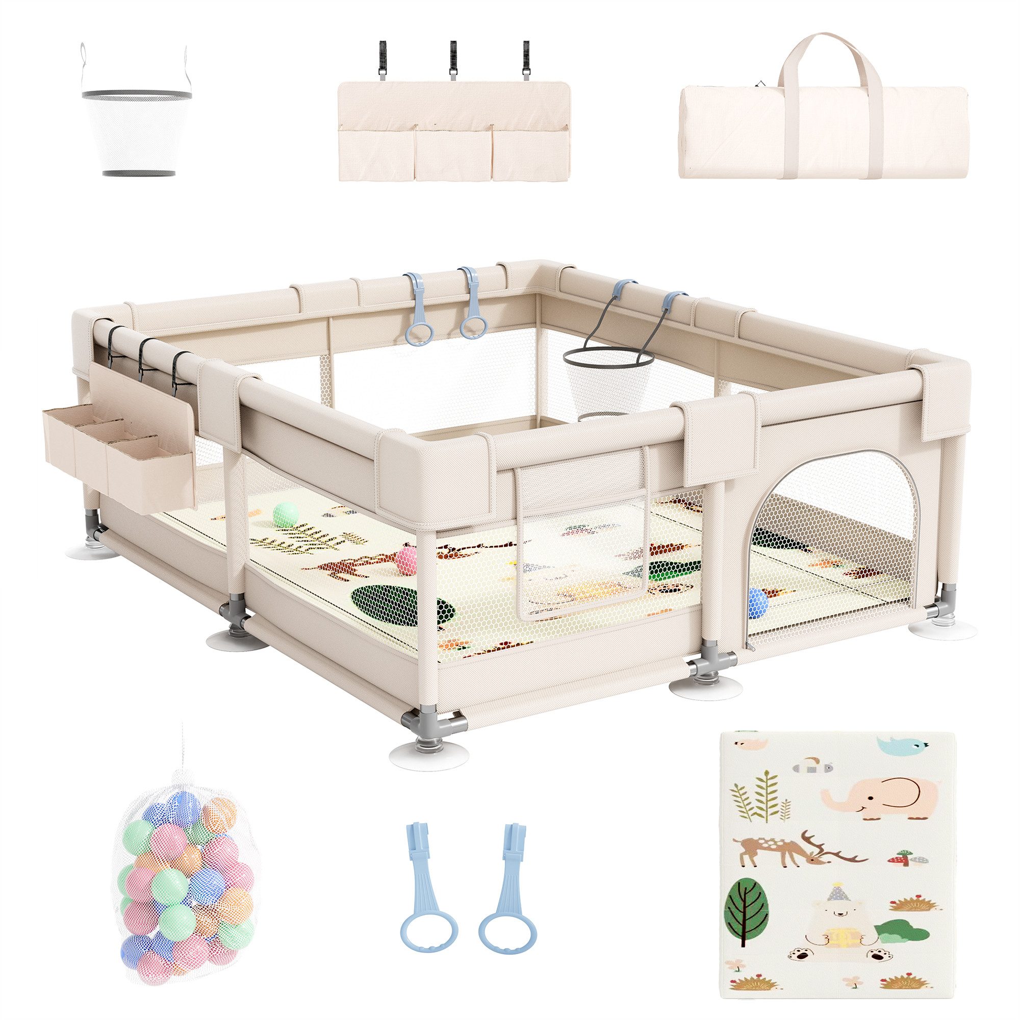 SEHAUSEU Laufgitter Laufstall Baby Krabbelgitter mit Spielmatte 1,5m×1,5 m/1,2m×1,2m, mit Ozeanbälle, Tragetasche, Zugring, Ballkorb, Aufbewahrungskorb