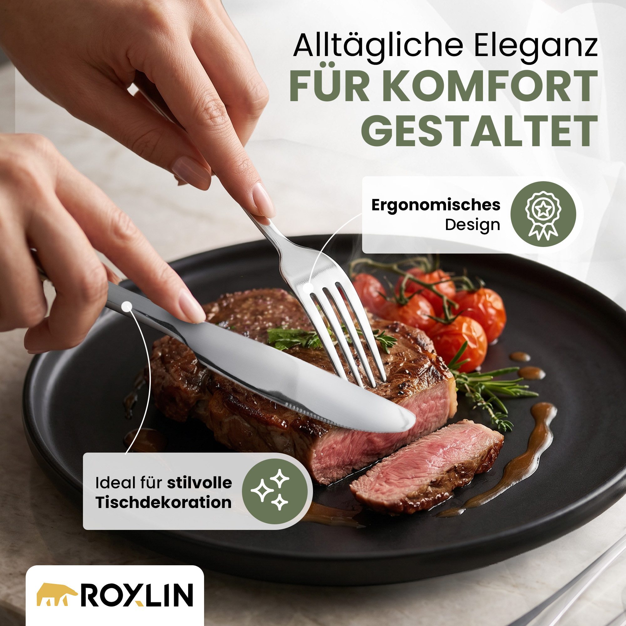 Roxlin Besteck-Set Roxlin Besteckset 30-tlg Plain Design Edelstahl, Gold/Schwarz/Silber, 6 Personen, Edelstahl – Bild 5 von 5