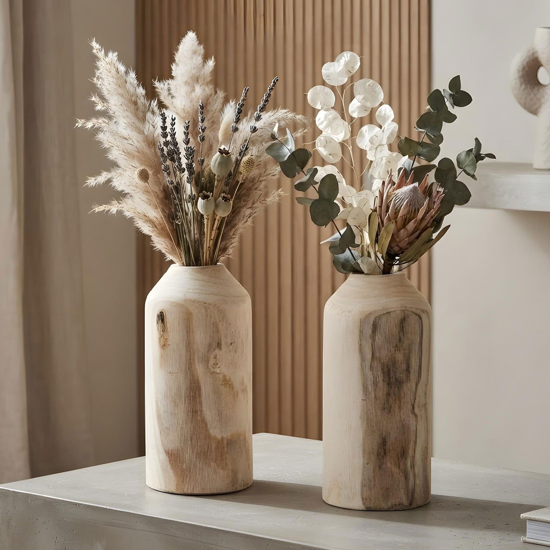 Levandeo® Dekovase, 2er Set Vase aus Holz für Trockenblumen H20cm Natur Holzvase
