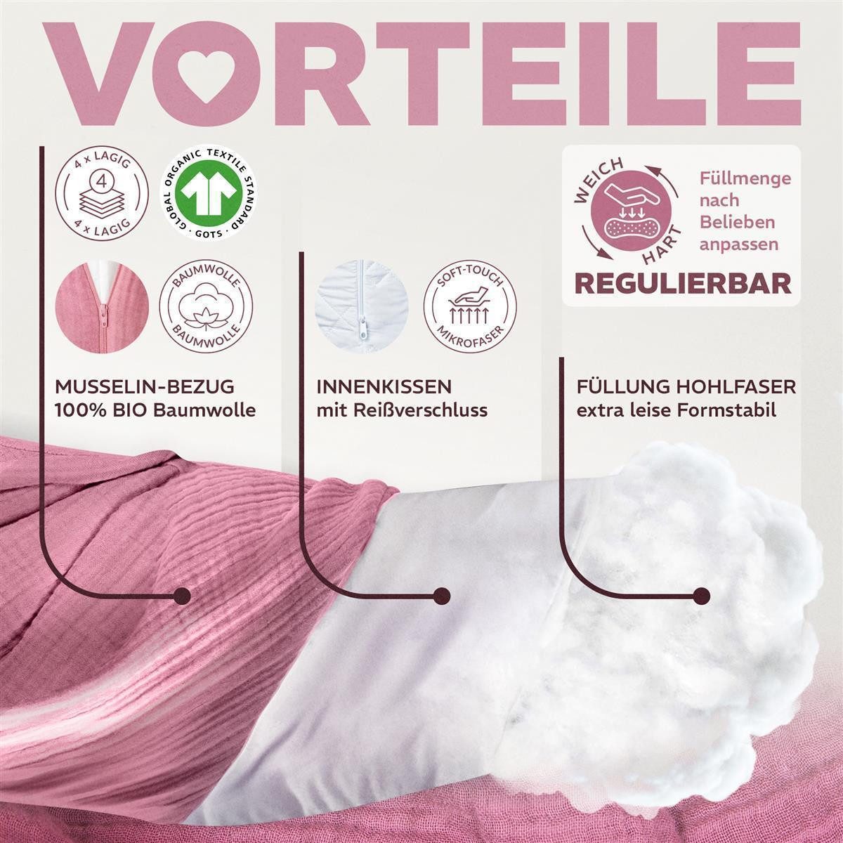 SEI Design Stillkissen Seitenschläferkissen Babynestchen Kuschelnest XXL Musselin Bezug, Schwangerschaftskissen mit Bezug, 1-tlg., Schwangerschaftskissen mit Be – Bild 4 von 5