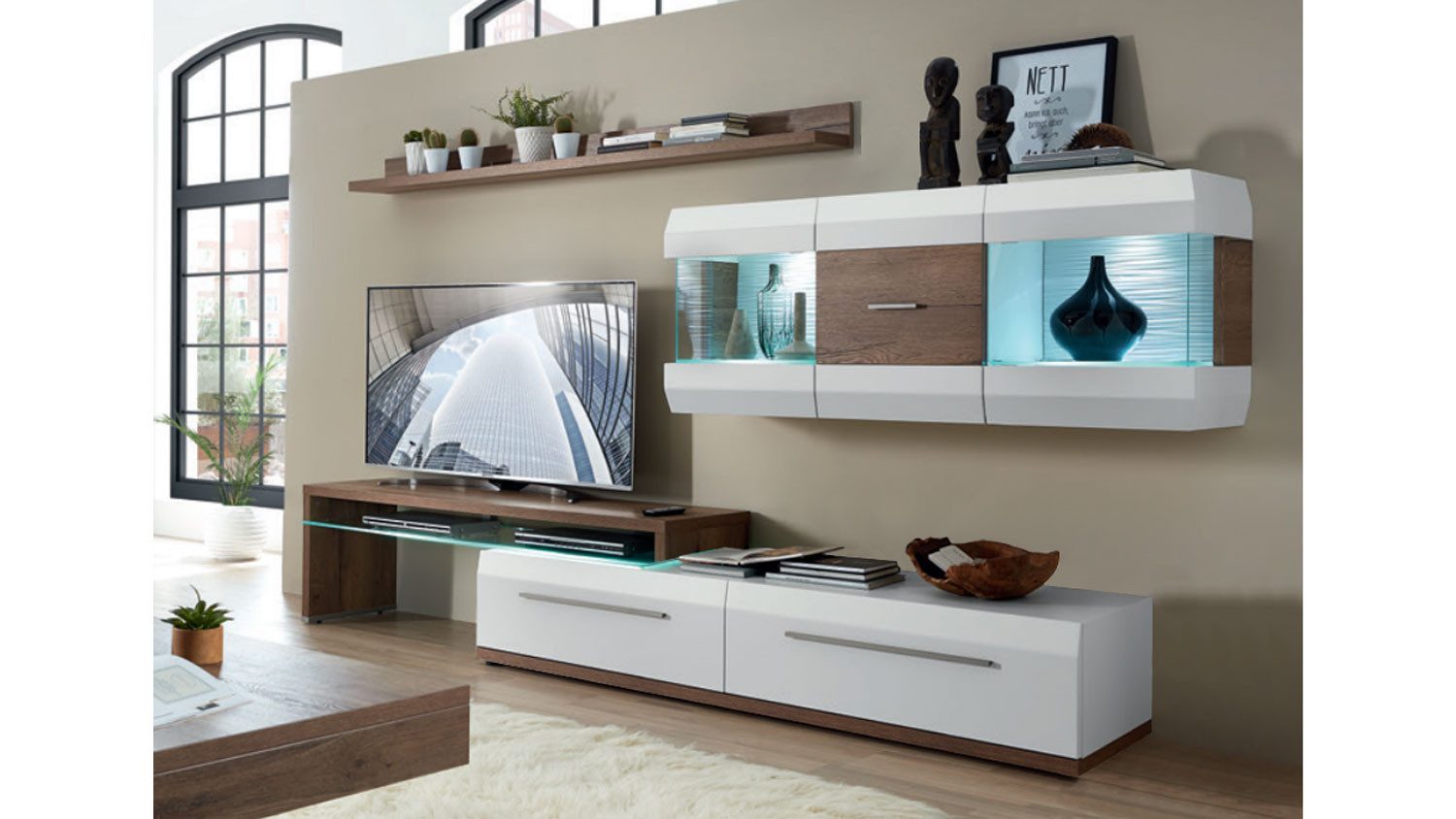 Möbel Akut Wohnwand Wohnwand Light Line 2 weiß matt Lack und Kanada Eiche, (4-St)