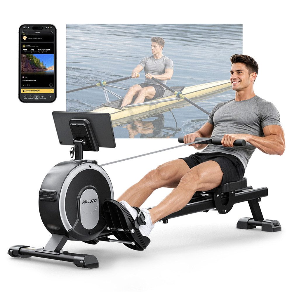 Akluer Rudermaschine RM001 Magnetwiderstand, 20dB flüsterleise, 16 Widerstandsstufen, klappbar bis 150kg belastbar, Kinomap-App kompatibel Heimtrainer