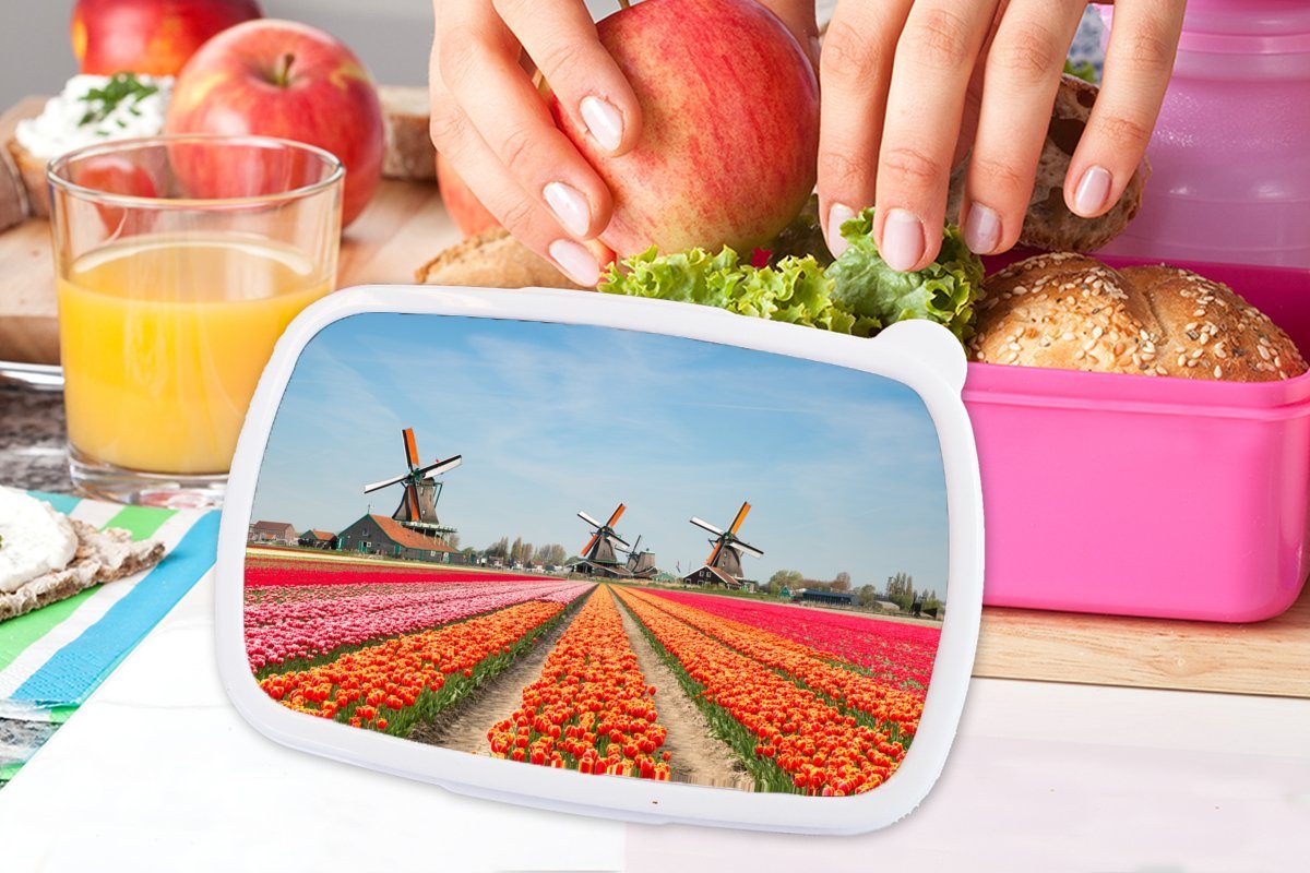 MuchoWow Lunchbox Tulpen Brotdose Niederlande, - Brotbox für Kinder, Kunststoff, Windmühle Mädchen, Erwachsene, - Snackbox, Kunststoff (2-tlg), rosa