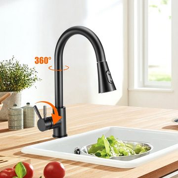 LETGOSPT Küchenarmatur Wasserhahn Küche, 360° Drehbar Niederdruck Küchenarmatur Ausziehbar Herausziehbarer Brause Armatur mit Brause 2 Modus