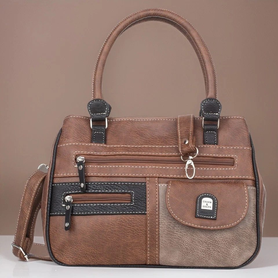 CHARM & SHAPE Handtasche Braune Damenhandtasche Schultertasche Mittel 2 Fächer 7 Innentaschen (Damenhandtasche Schultertasche Braun Mittel 7 Taschen, Damenhandtasche inklusive Schulterriemen), Wasserabweisend Versteifter Boden Abnehmbarer Gurt