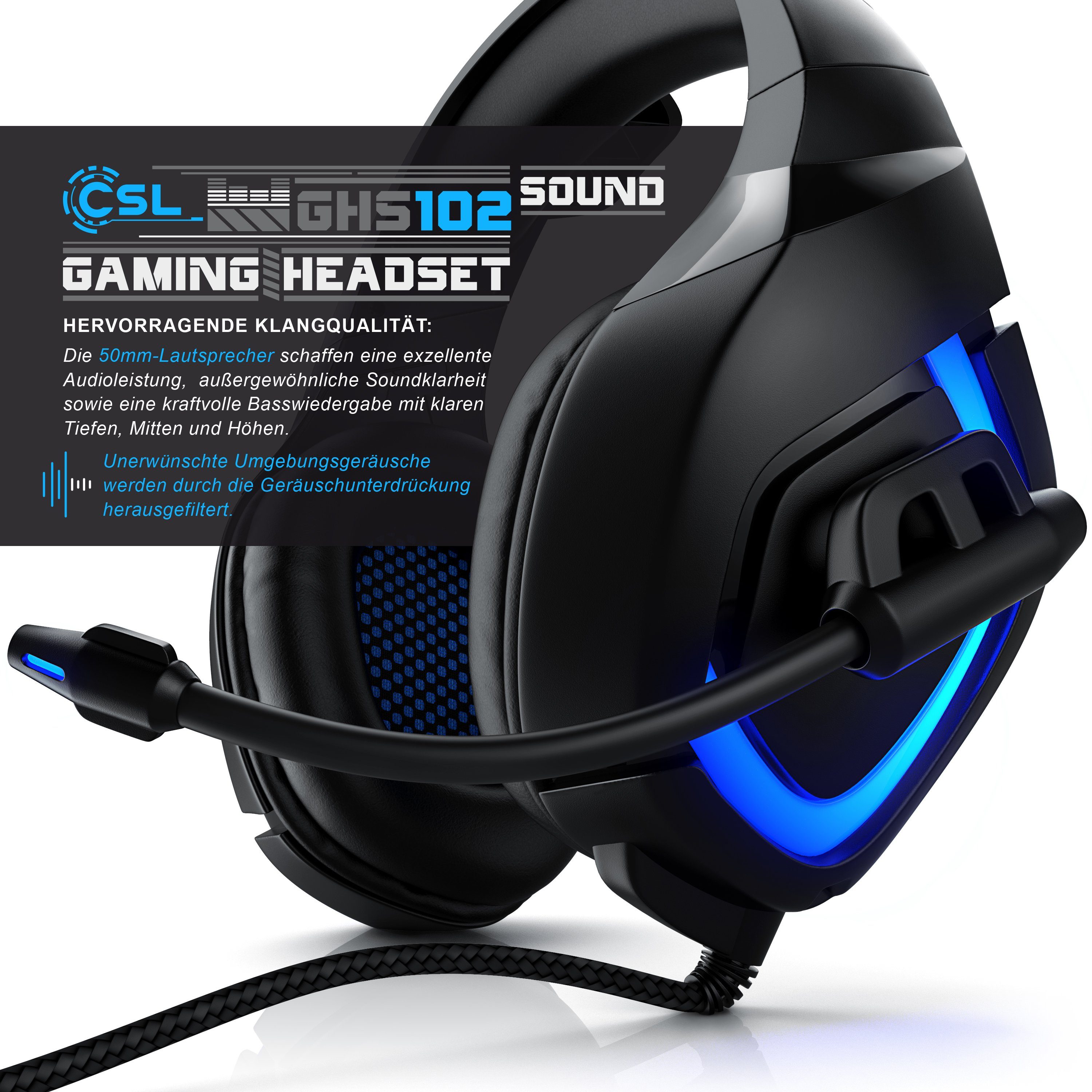 CSL USB "GHS-103" mit Mikrofon, Kopfhörer für PC, PS4 / 4 Pro Gaming-Headset (Gaming Headset kabelgebunden, Over-Ear Kopfhörer, LED-Beleuchtung)