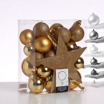 MARELIDA Weihnachtsbaumkugel Weihnachtskugeln mit Stern Baumspitze bruchfest gold 33er Set (33 St)