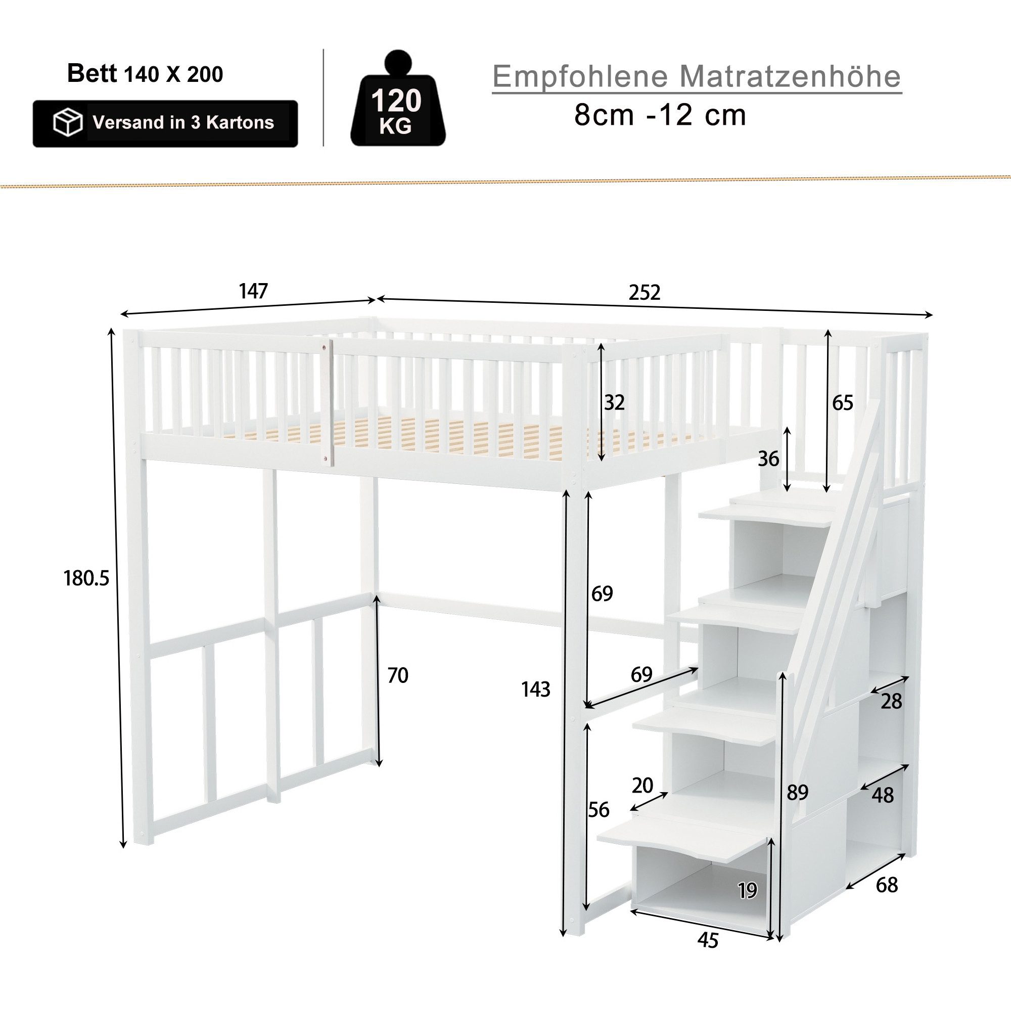 Flieks Hochbett Massivholz Kinderbett Einzelbett 140x200cm mit Stauraumtreppe