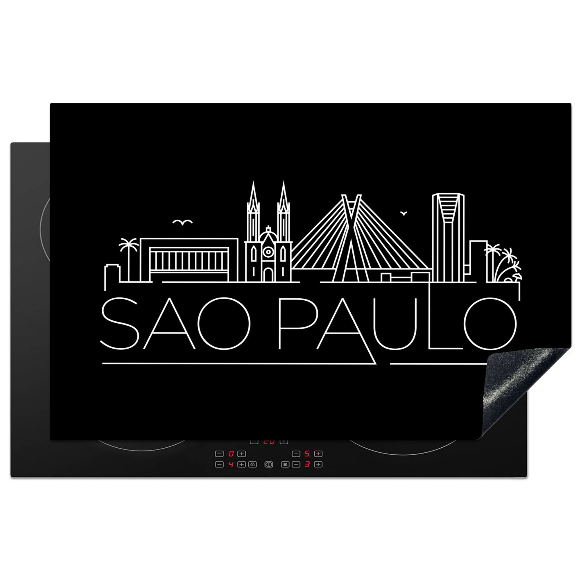 MuchoWow Herdblende-/Abdeckplatte Stadtbild "Sao Paulo" auf schwarzem Hintergrund, Vinyl, (1 tlg), 81x52 cm, Induktionskochfeld Schutz für die küche, Ceranfeldabdeckung