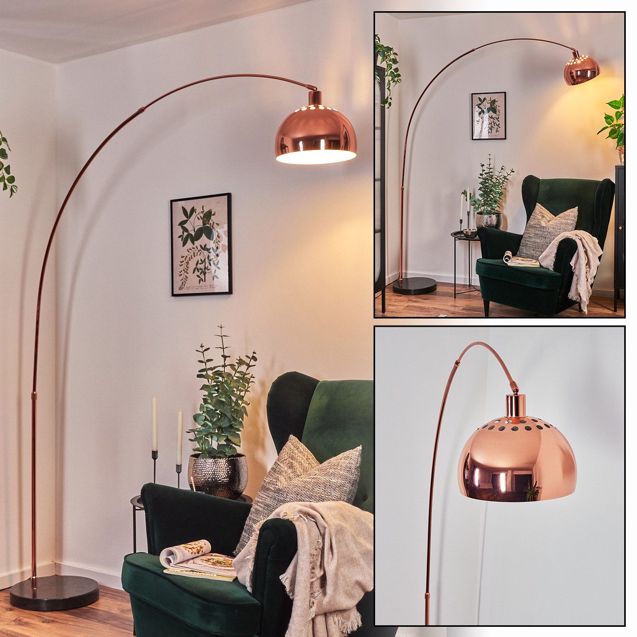 Bogenlampe Stehlampe aus Metall in Kupfer/Schwarz/Weiß mit Marmorfuß