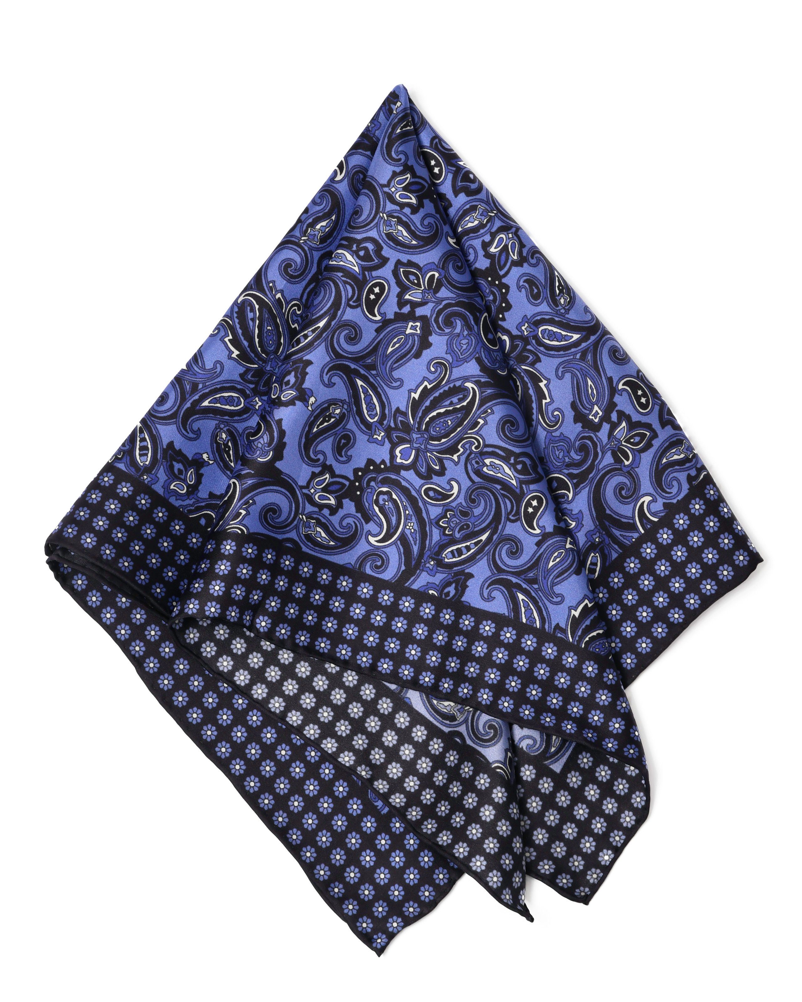 MayTree Seidentuch Herren handrolliert aus Twill-Seide 53x53, Paisley m. Rand Indigo, (Stück), 100% Seide