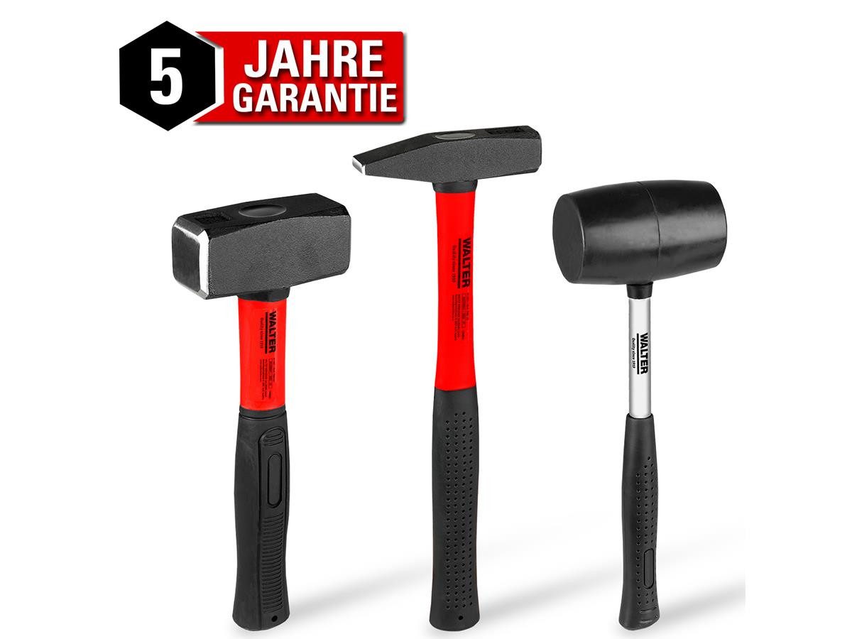 WALTER Hammer Set 3-teilig, Schlosserniethammer, Handfäustel, Gummischonhammer