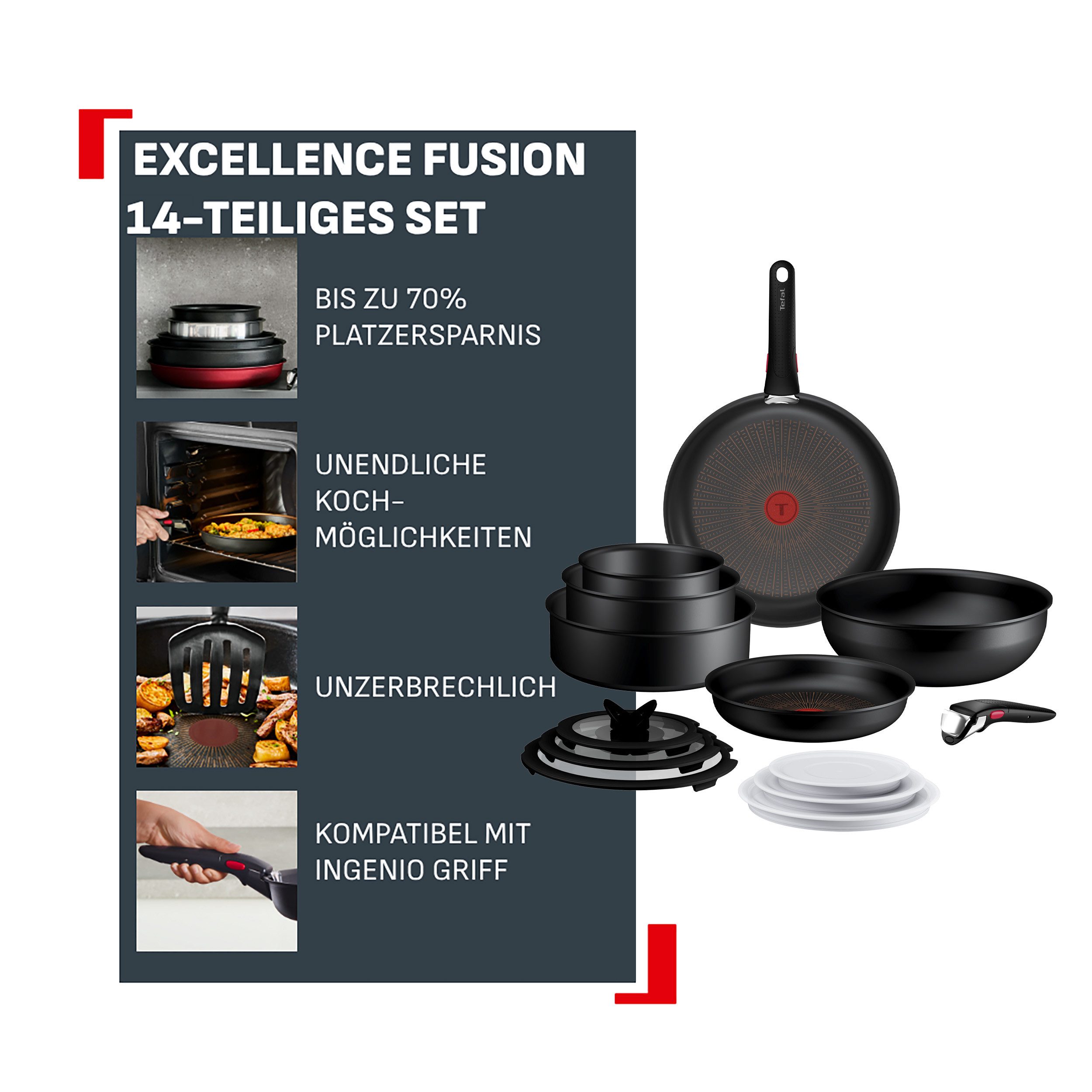 Tefal Pfannen-Set Ingenio Excellence Fusion, Aluminium (Set, 14-tlg), abnehmbarer Ingenio-Griff, Thermo-Signal, stapelbar, Induktion