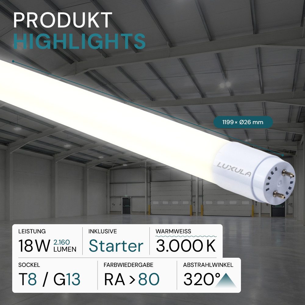 LUXULA LED-Leuchtmittel LUXULA LED-Röhre T8 18 W 3000 K Warmweiß, G13, Warmweiß