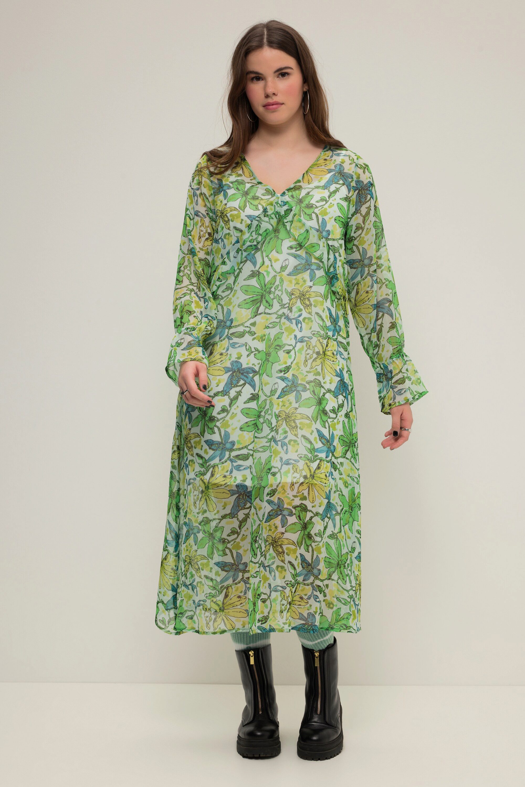 Studio Untold Jerseykleid Maxikleid A-Line Chiffon Blumen-Print V-Ausschnitt