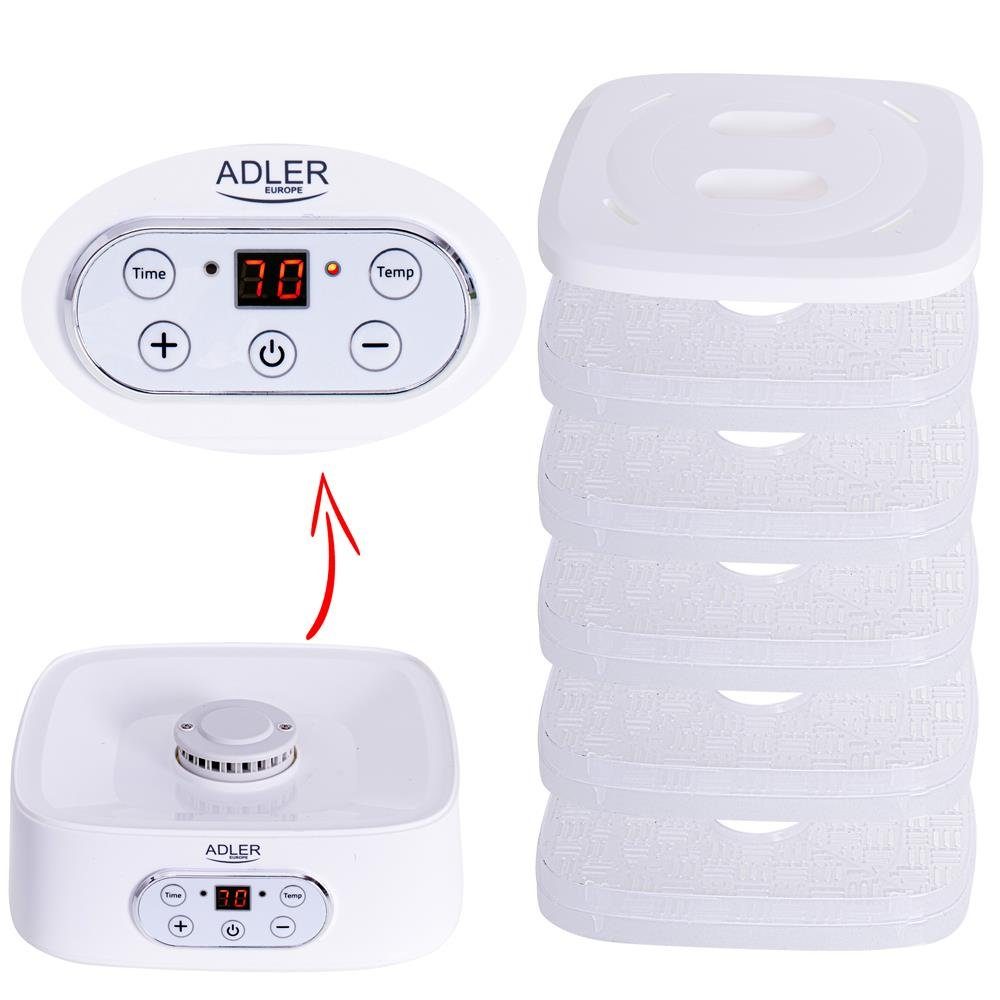 ADLER EUROPE Dehydrator AD 6658 Dörrautomat, Dörrgerät mit Timer, Lebensmittel Dehydrator 550 W, 5 Etagen, 35-70 °C, Obst, Gemüse, Pilze, Kräuter & Fleisch, Wei – Bild 5 von 5