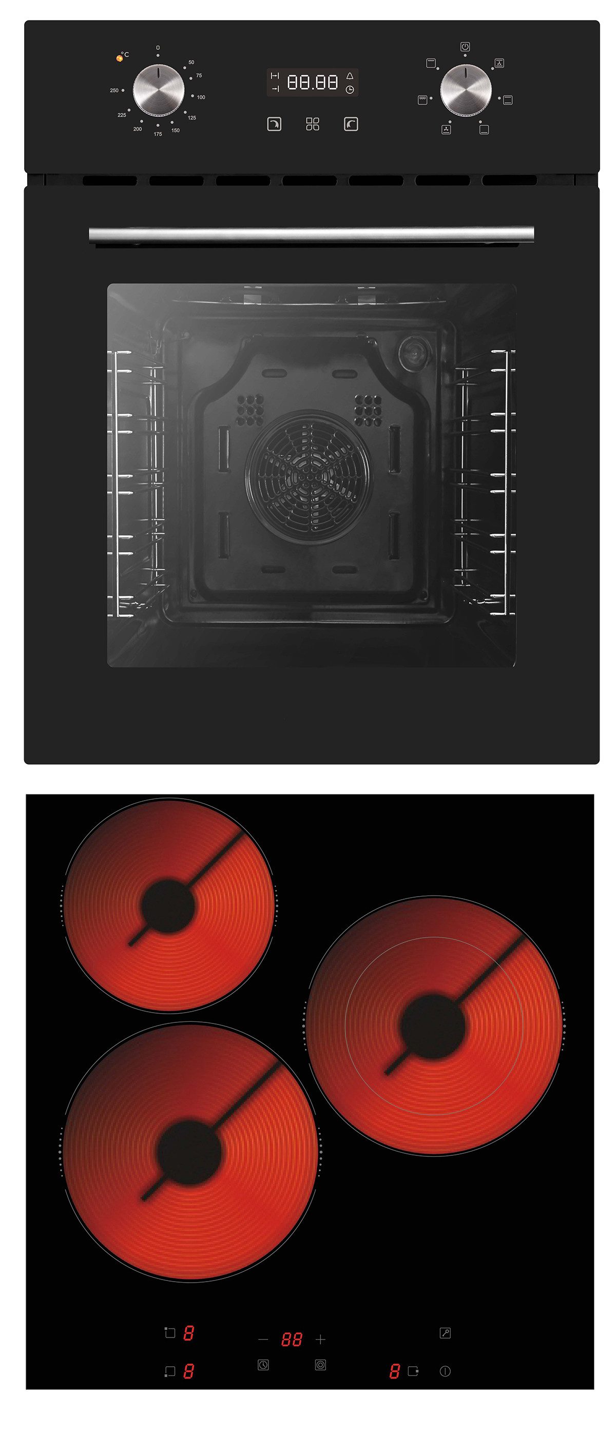 PKM Elektro-Herd-Set Einbau Herd Set Backofen nur 45 cm breit Glaskeramik-Kochfeld Umluft, mit 1-fach-Teleskopauszug