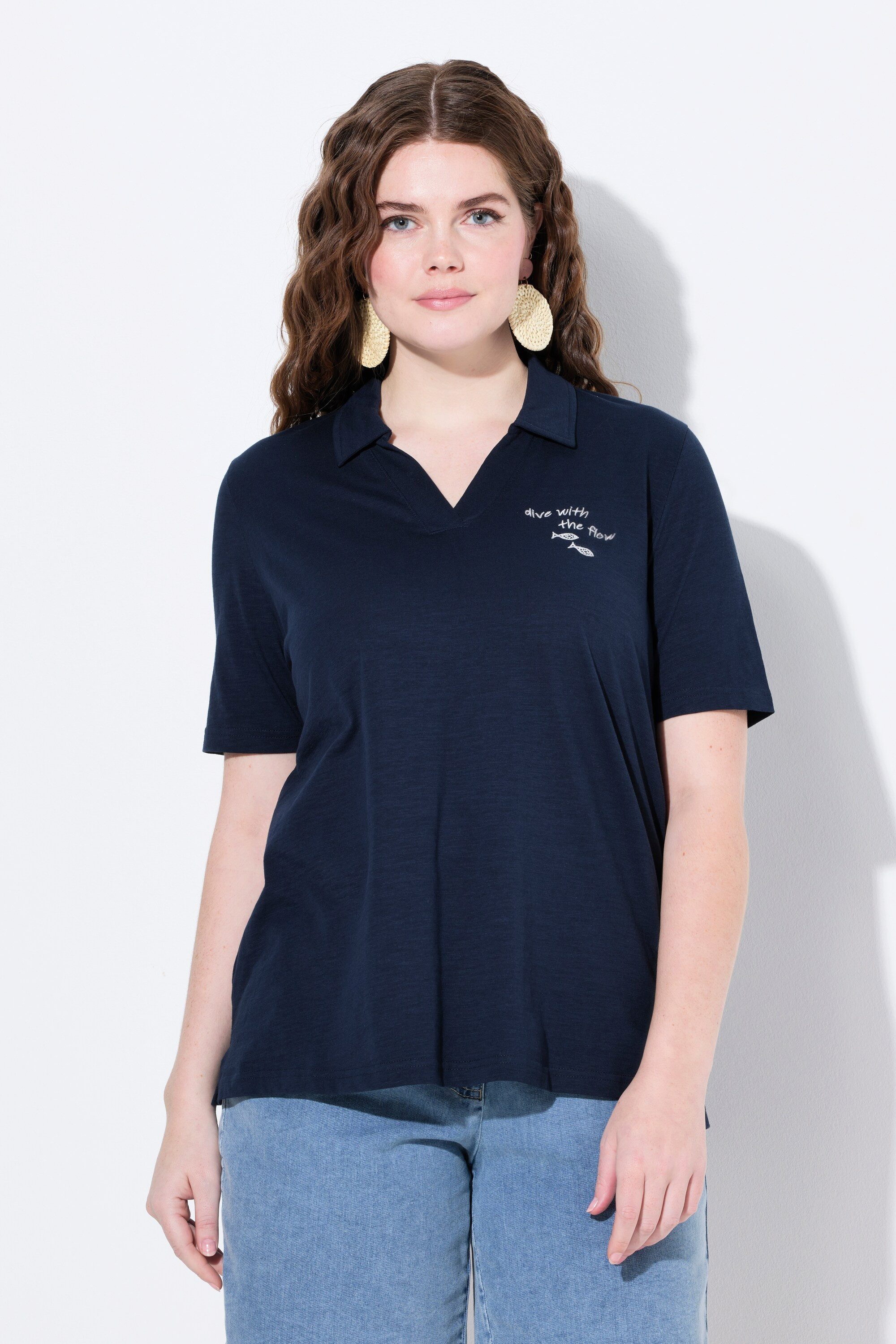 Ulla Popken Poloshirt Poloshirt Stickerei Polokragen günstig online kaufen