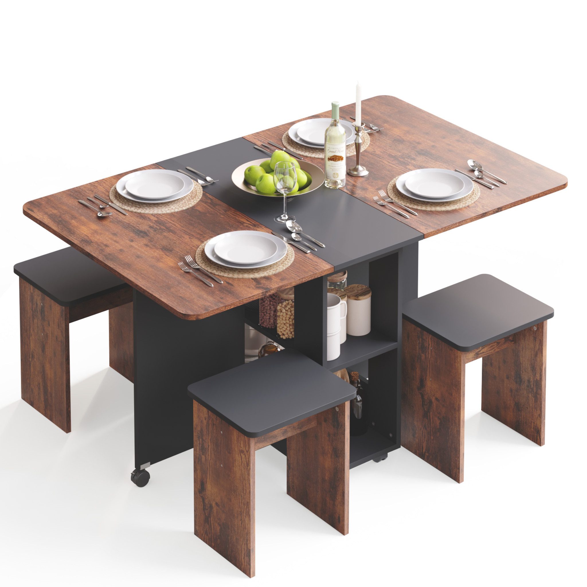 Mondeer Essgruppe Esstisch mit 4 Hockern, (120x80 cm), Platzsparend, 3-in-1-Funktion, Rollbar & Stabil