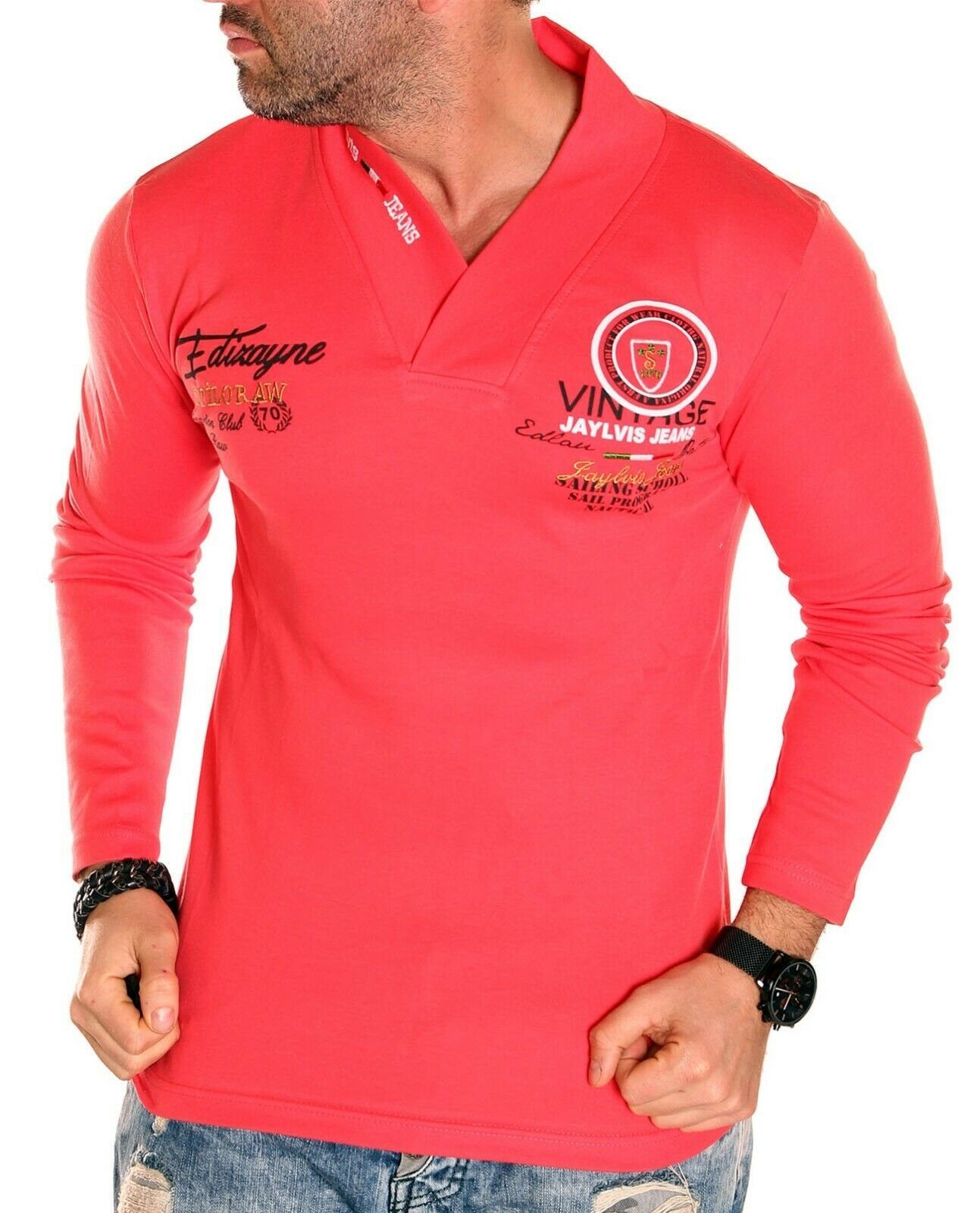 Jaylvis Langarmshirt Langarmshirt mit V-Ausschnitt, Logofarbdruck und Stickerei Rot