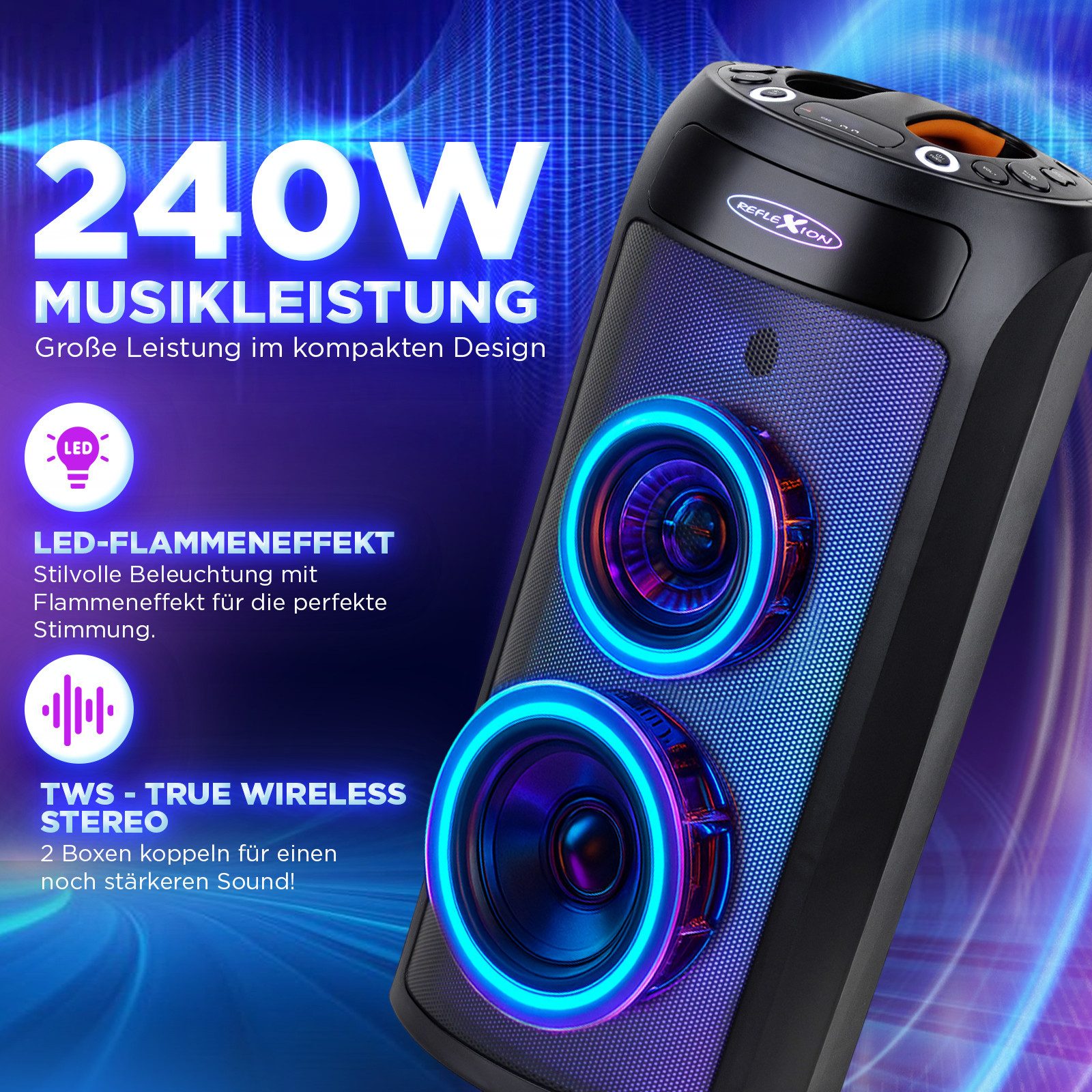 Reflexion PSX30BT Lautsprecher mit LED-Flammenlicht Bluetooth-Lautsprecher (Bluetooth, 240 W, Bluetooth, Radio, Karaoke, Disco-Licht Effekte, Equalizer)