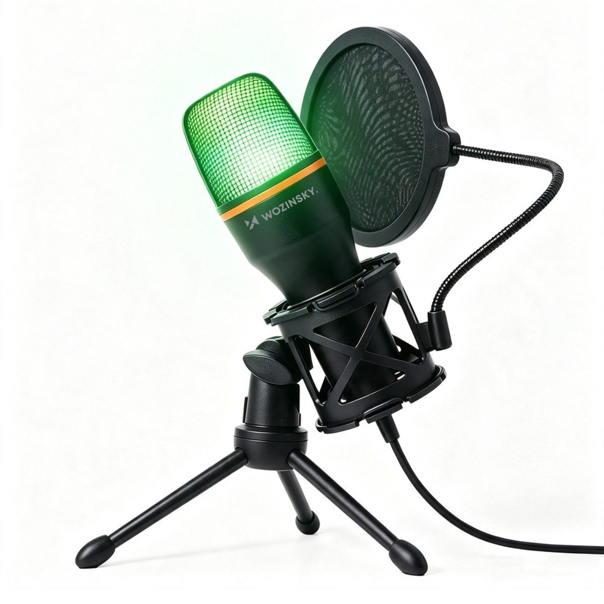 Wozinsky Streaming-Mikrofon WM-W111, 360° Aufnahme, RGB-Beleuchtung, Stativ und Popfilter