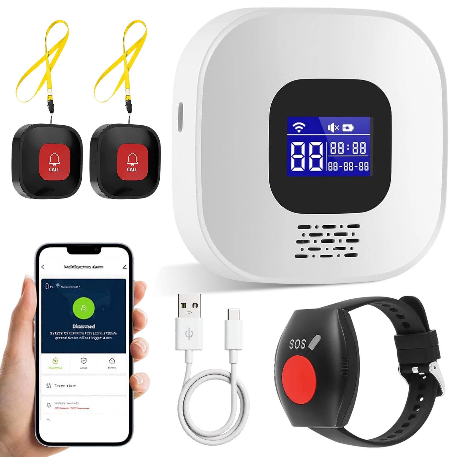 AKKEE Alarm Notruf Knopf Senioren Notrufknopf Hausnotruf, LCD-Display Alarmanlage (WiFi-Hausnotruf-Senioren-SOS-Armband, Hausnotruf für Angehörige)