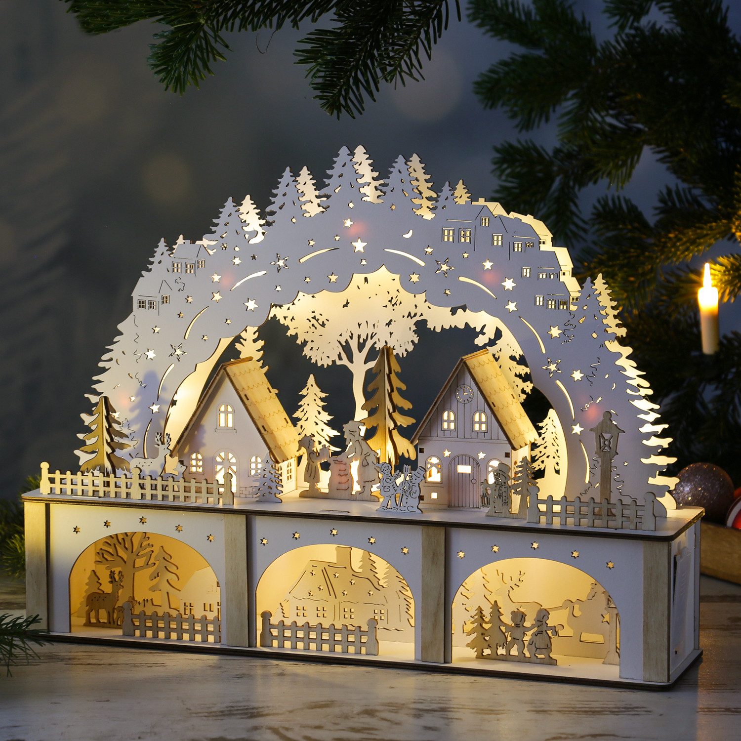 MARELIDA LED Schwibbogen LED Lichterbogen Weihnachtsdorf Winterdorf H: 33,5cm 2stöckig Batterie
