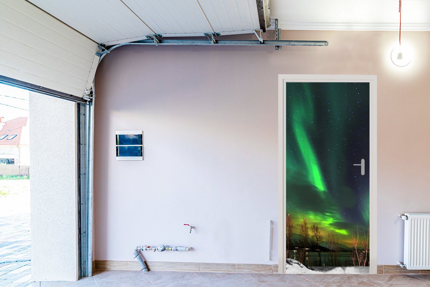 Leuchtturm Türtapete Tür, bedruckt, St), Norwegen, 75x205 Matt, cm - für (1 Türaufkleber, - Fototapete MuchoWow Nordlichter
