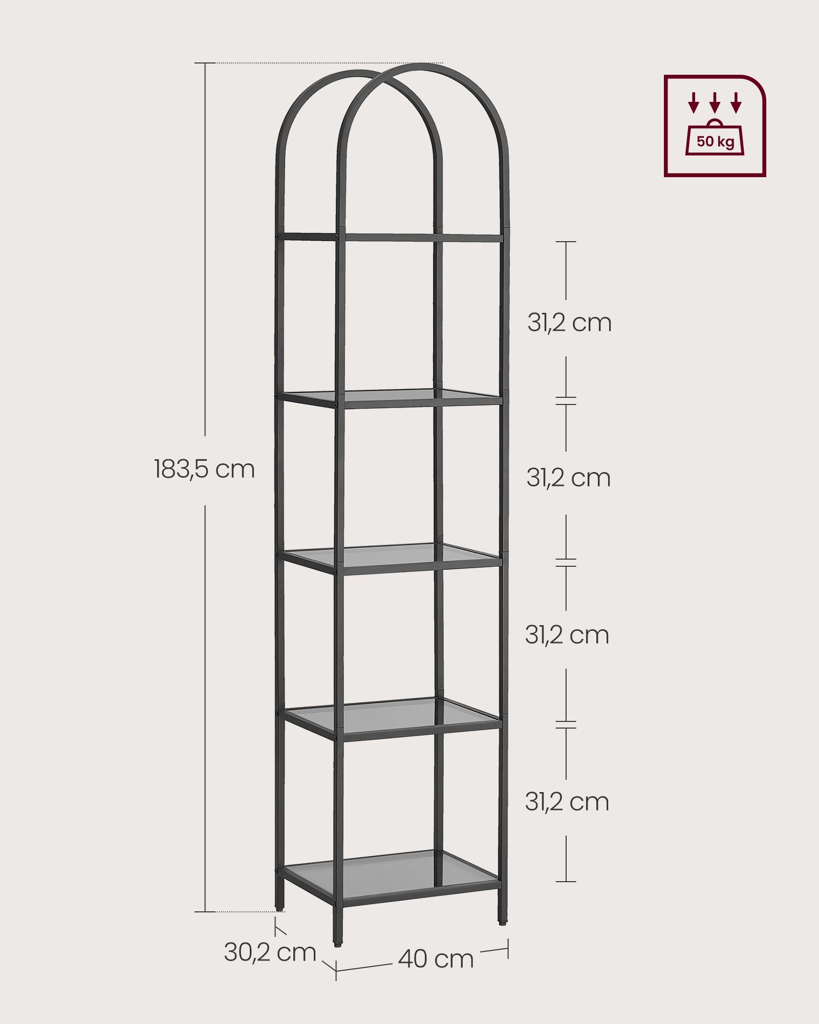 Ebenen, Standregal, VASAGLE 1-tlg., 183,5cm 5 Bücherregal mit schwarz+grau Höhe