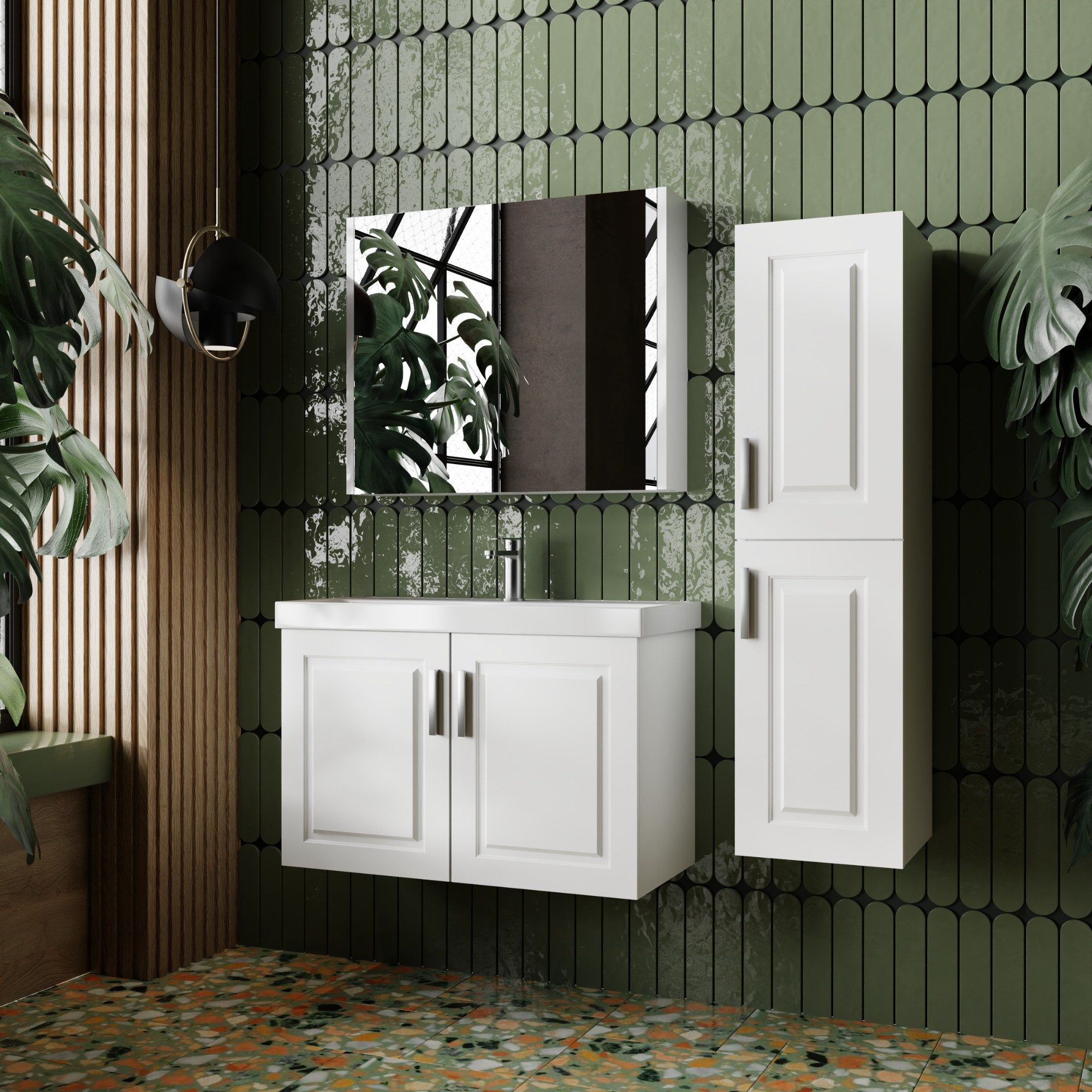 Karen Badmöbel-Set Badmöbel Set Arin Weiß, (Komplett-Set, 3-Teilig (Unterschrank, Spiegelschrank, Waschbecken), 3-St., Unterschrank mit Türen, Spiegelschrank mit Türen & Regalen), Landhaus-Stil, Matt-PVC-Beschichtung, Softclose, Bügelgriffe