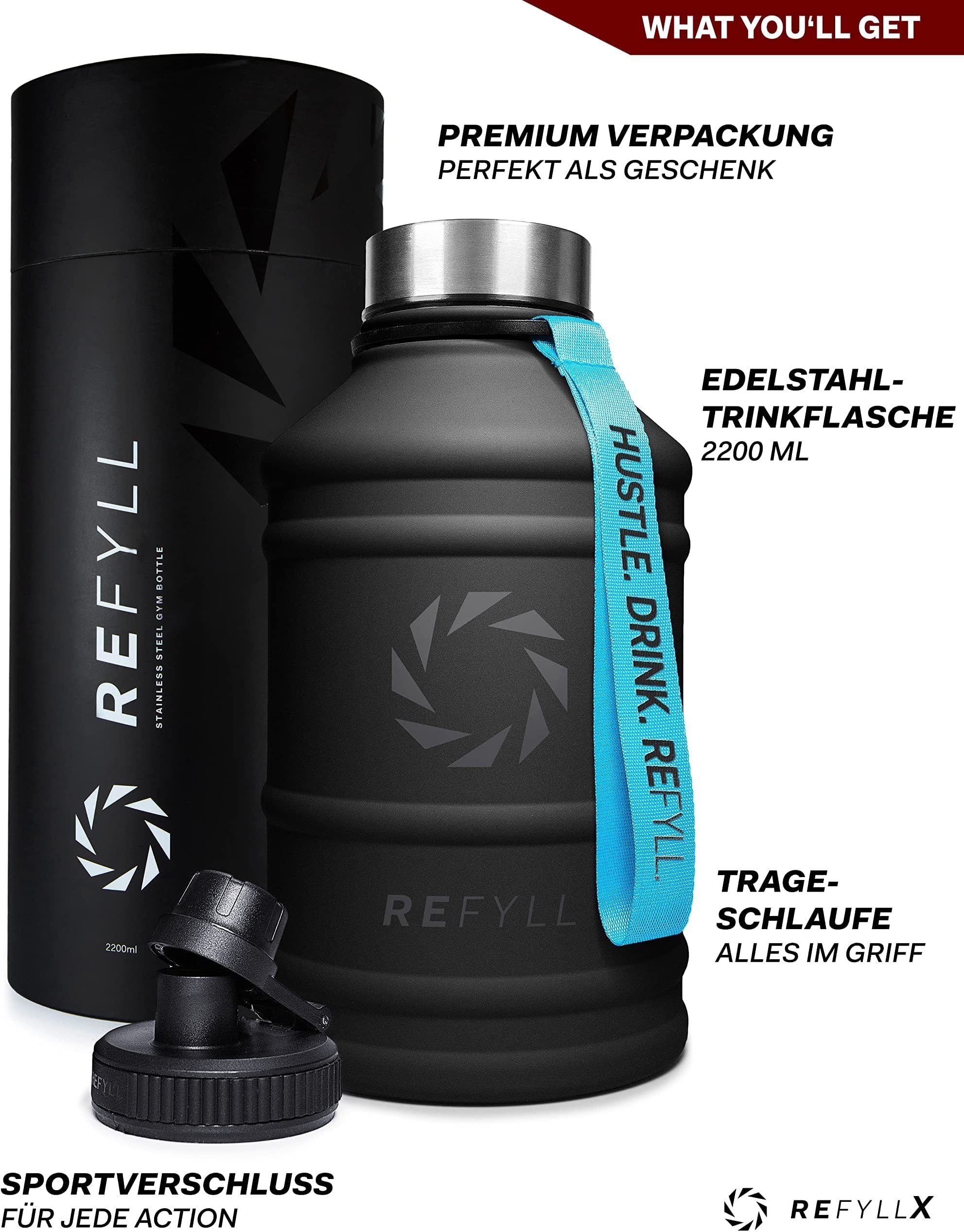 Gym, und 2,2L, Auslaufsicher, Fitness Midnight 1,3L Water Jug Hero Black robust, Trinkflasche auslaufsicher 2,2 Trinkflasche Trinkflasche Edelstahl L REFYLL Sport, für