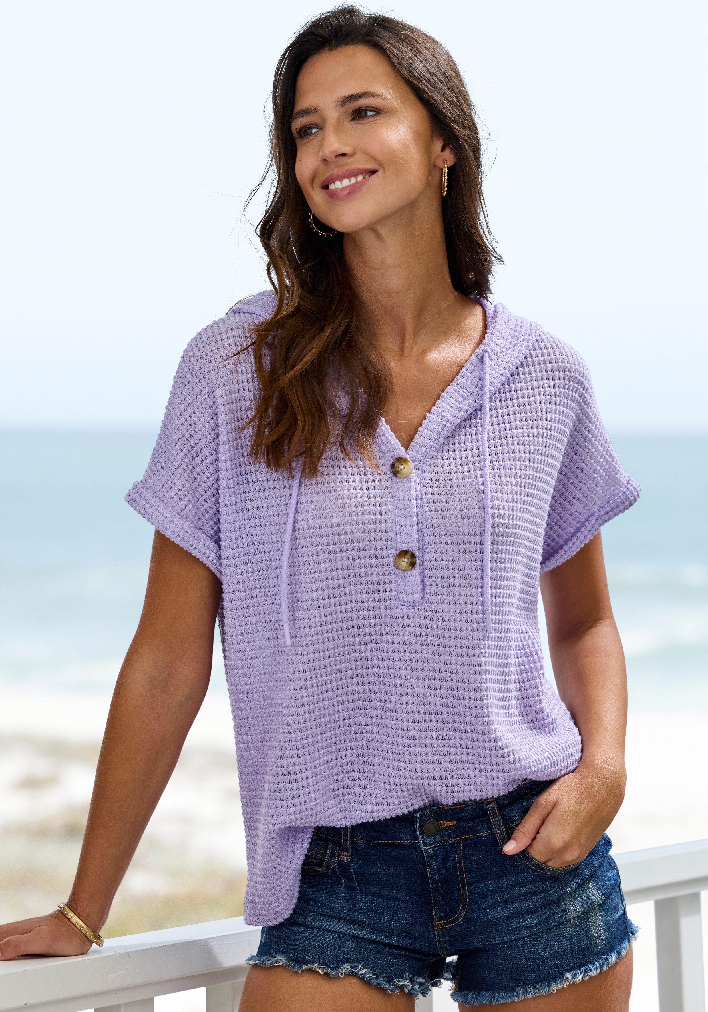 LASCANA Kapuzenshirt aus sommerlichem Waffelstrick Sommerhoody mit Knopfleiste