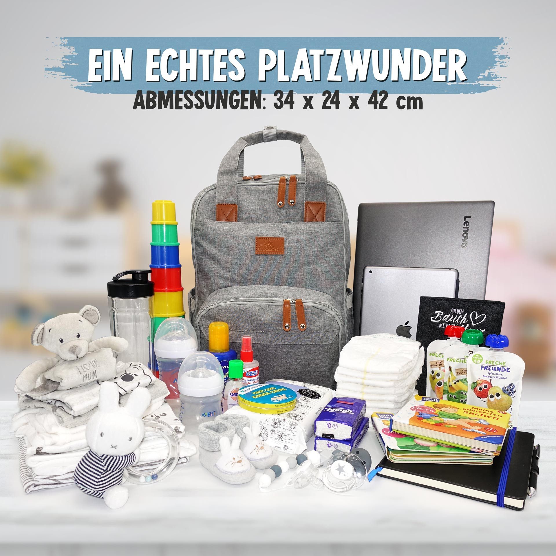 Emadele Wickelrucksack lässig, elegant und schlicht. Wickeltasche mit Wickelunterlage