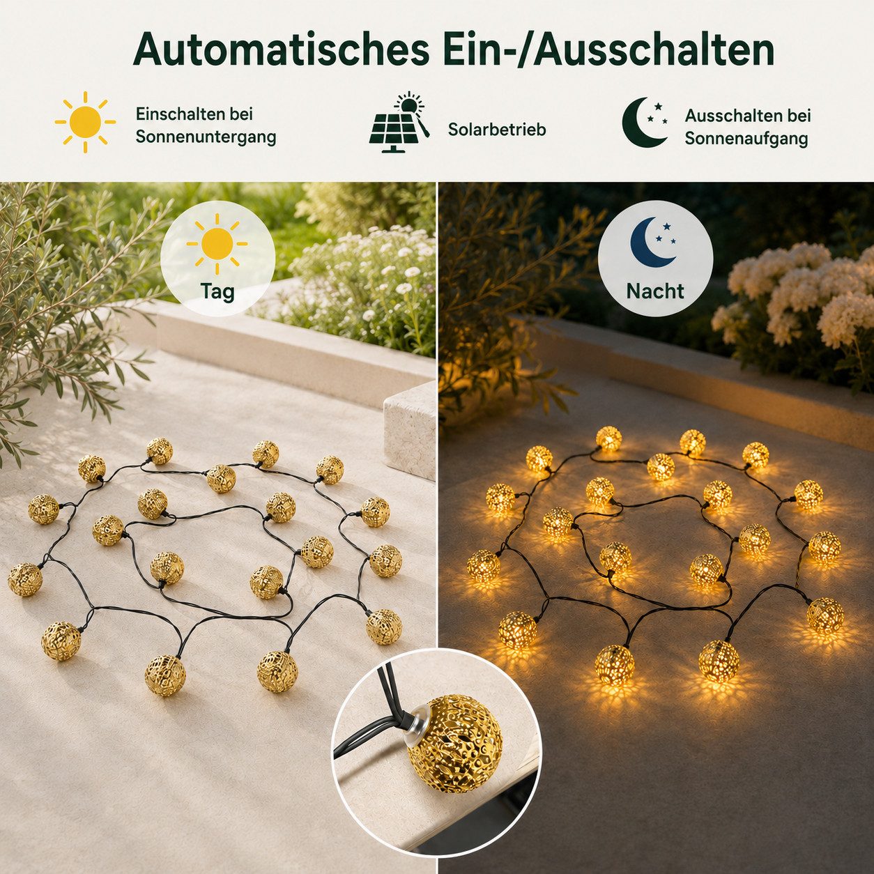 Fyrove LED Solarleuchte Outdoor Lichterkette LED Kugel-Lichterkette für Garten 5 M 20 Lampen, gartendek, solar lichterkette für außen, Warmweiß, Garten Led Lamp – Bild 5 von 5