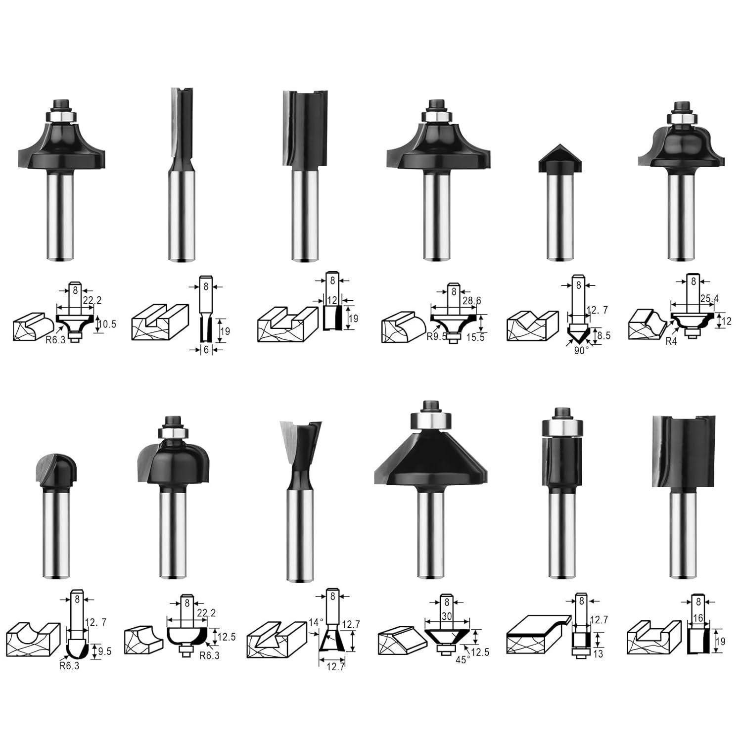 LuxusKollektion Fräser-Set Fräser Set Hartmetall Holz Fräsersatz Oberfräsen 12 tlg. 8mm-Schaft