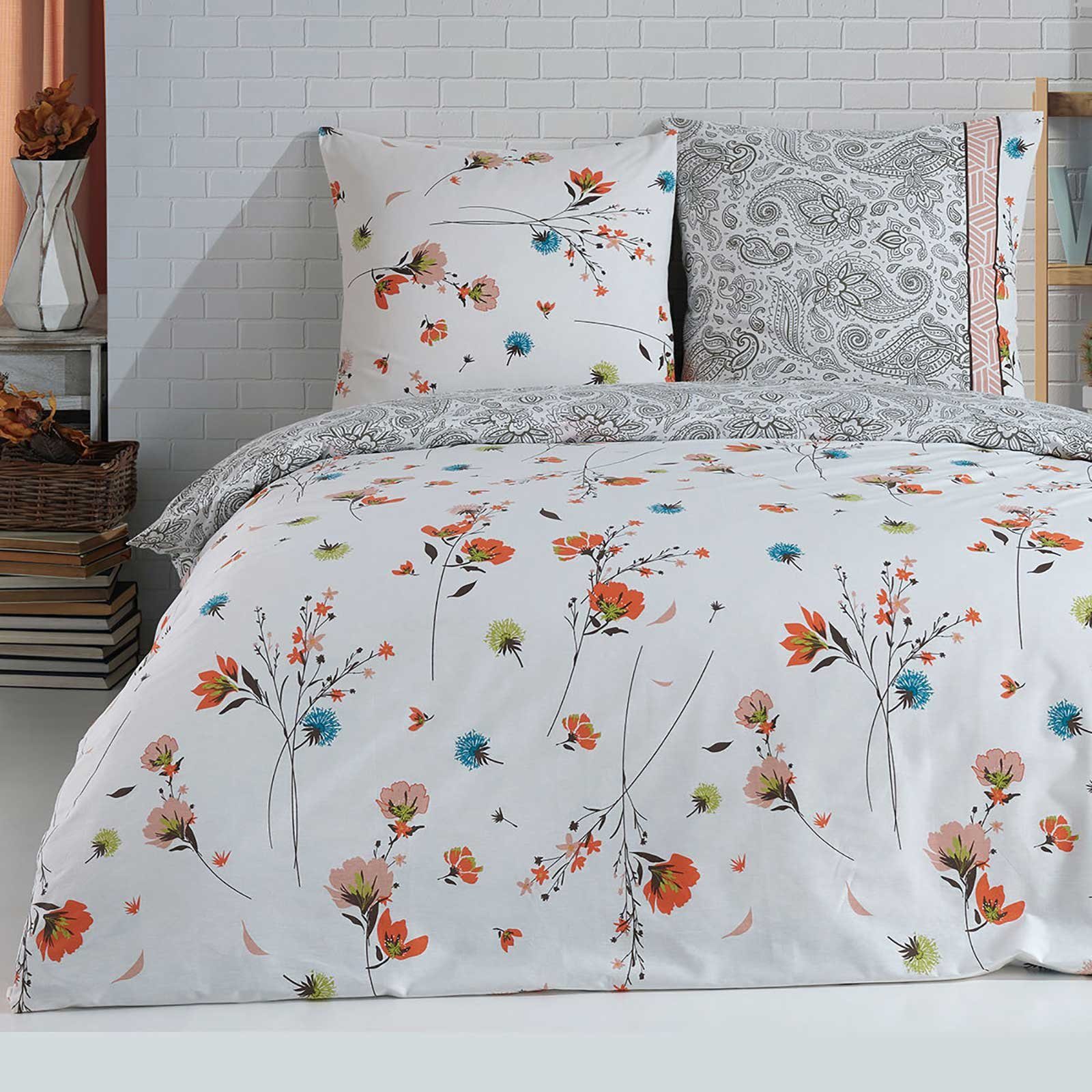 Buymax Bettwäsche Adalia, Aria, Renforcé, 100% Baumwolle, Renforcé, 2 teilig, Bettbezug-Set 135x200 cm 100% Baumwolle Reißverschluss Blumen Weiß
