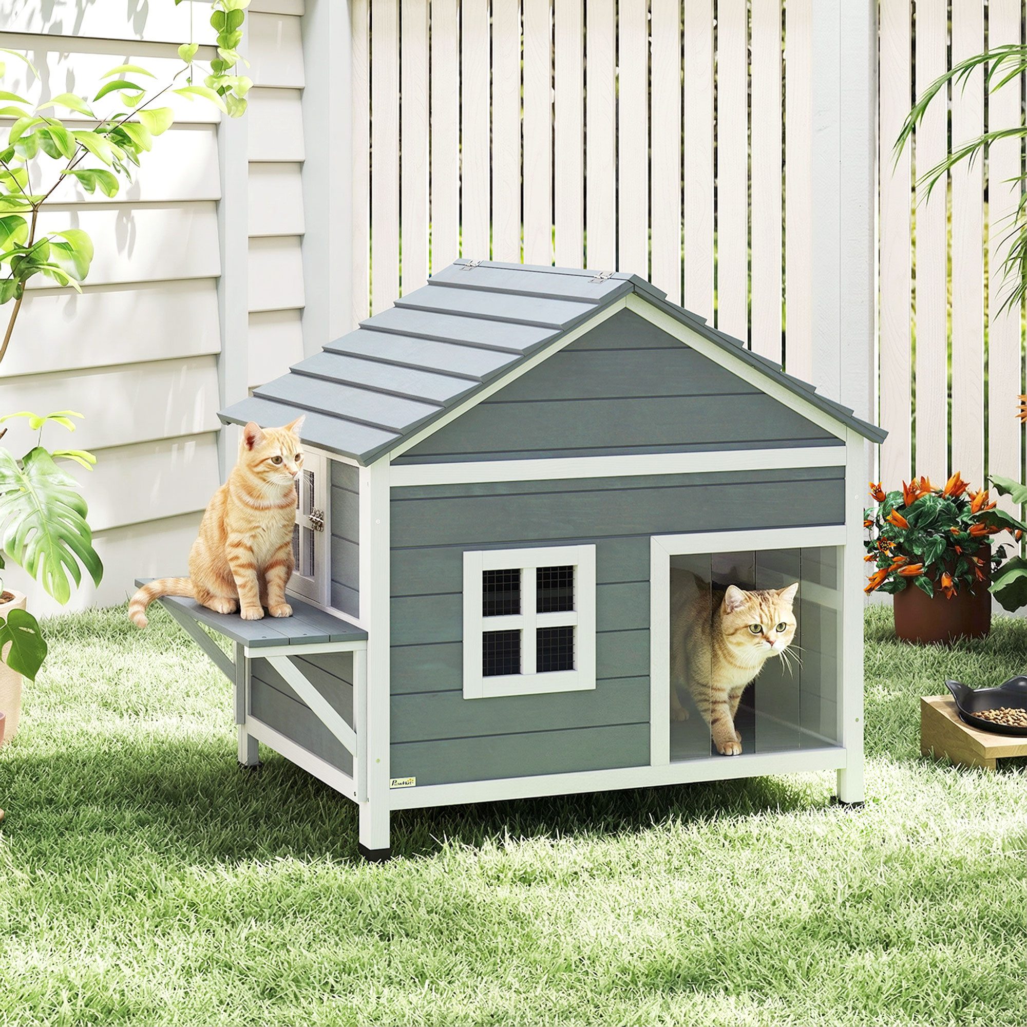 PawHut Tierhöhle Katzenhaus aus Holz 2-Etagen für Draußen, erhöhter Basis, Fenster, für 1-2 Katzen bis 5 kg, 101x72,5x81cm, Grau