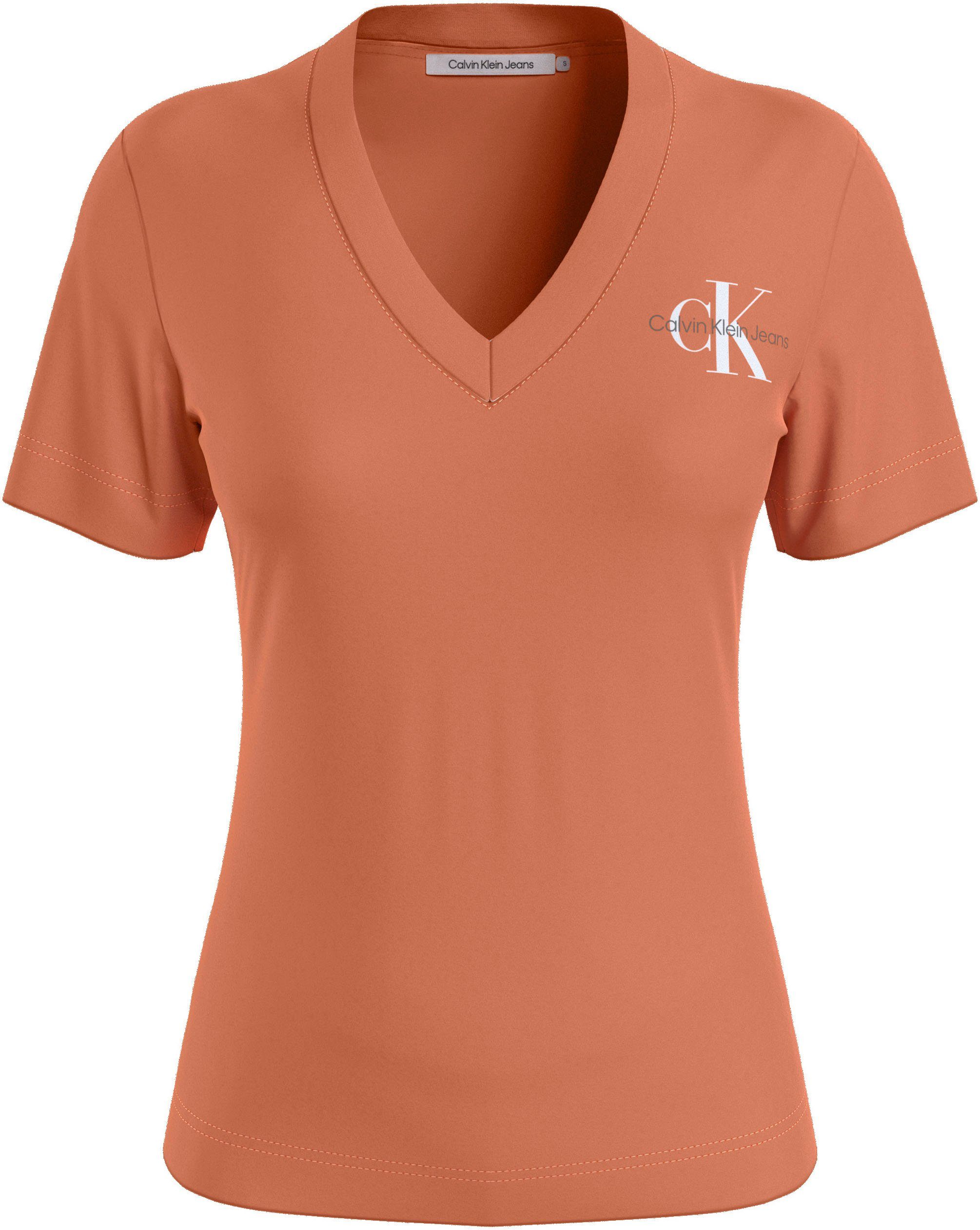 Jeans Calvin Orange Logodruck mit Klein V-Shirt TEE SLIM MONOLOGO Tropical V-NECK