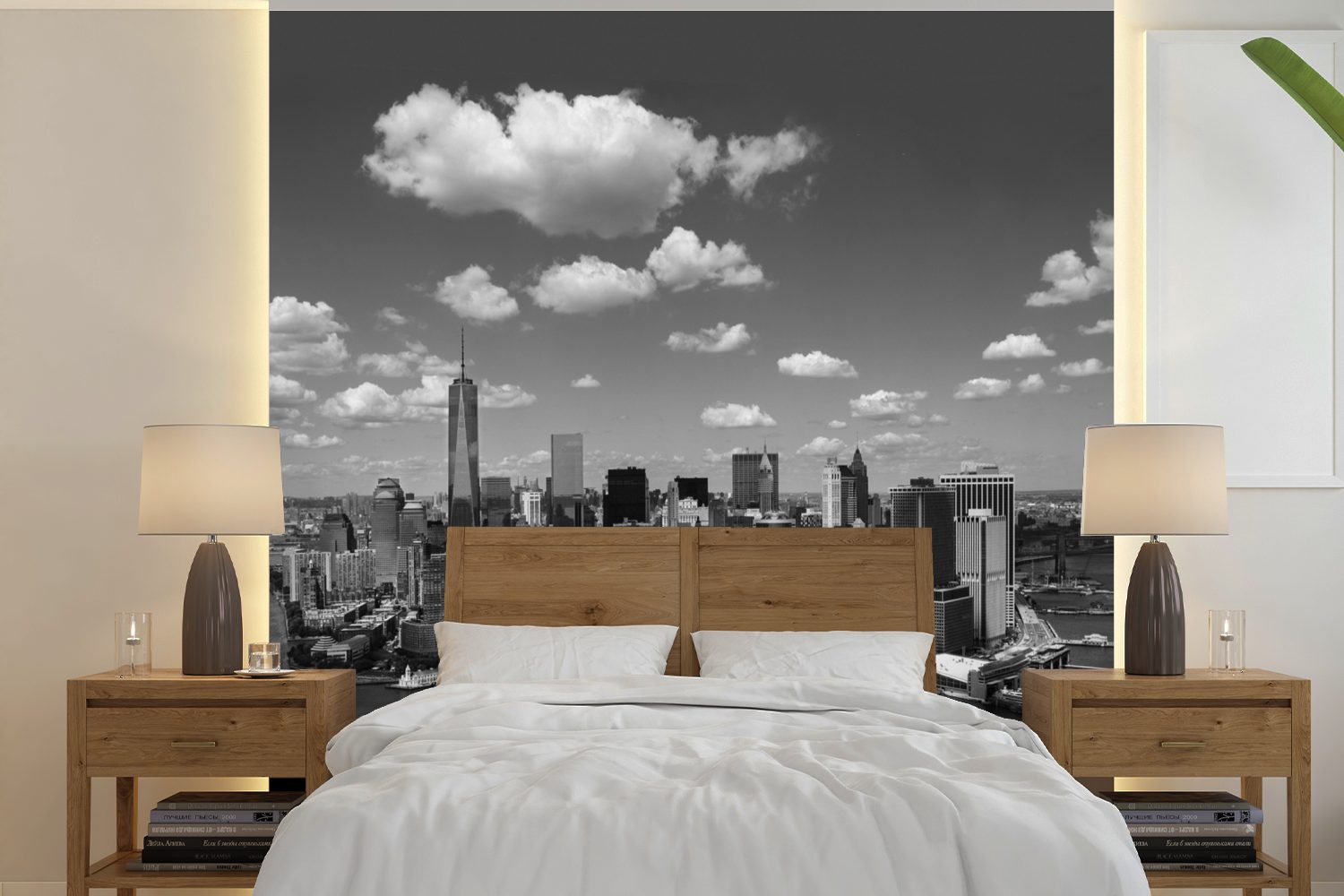 MuchoWow Fototapete Manhattan Skyline schwarz und weiß, Matt, bedruckt, (5 St), Vinyl Tapete für Wohnzimmer oder Schlafzimmer, Wandtapete